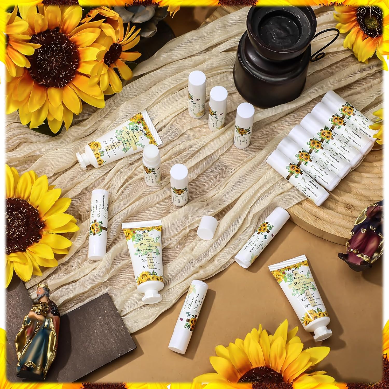 144 Pcs Christian Lip Balm Hand Cream Set Mothers Day Biblical Party Favors Include 36 Bible Lip Balms and Sunflower Moisturizing Hand Creams 36 Bags Cards and Ropes for Women Church Care