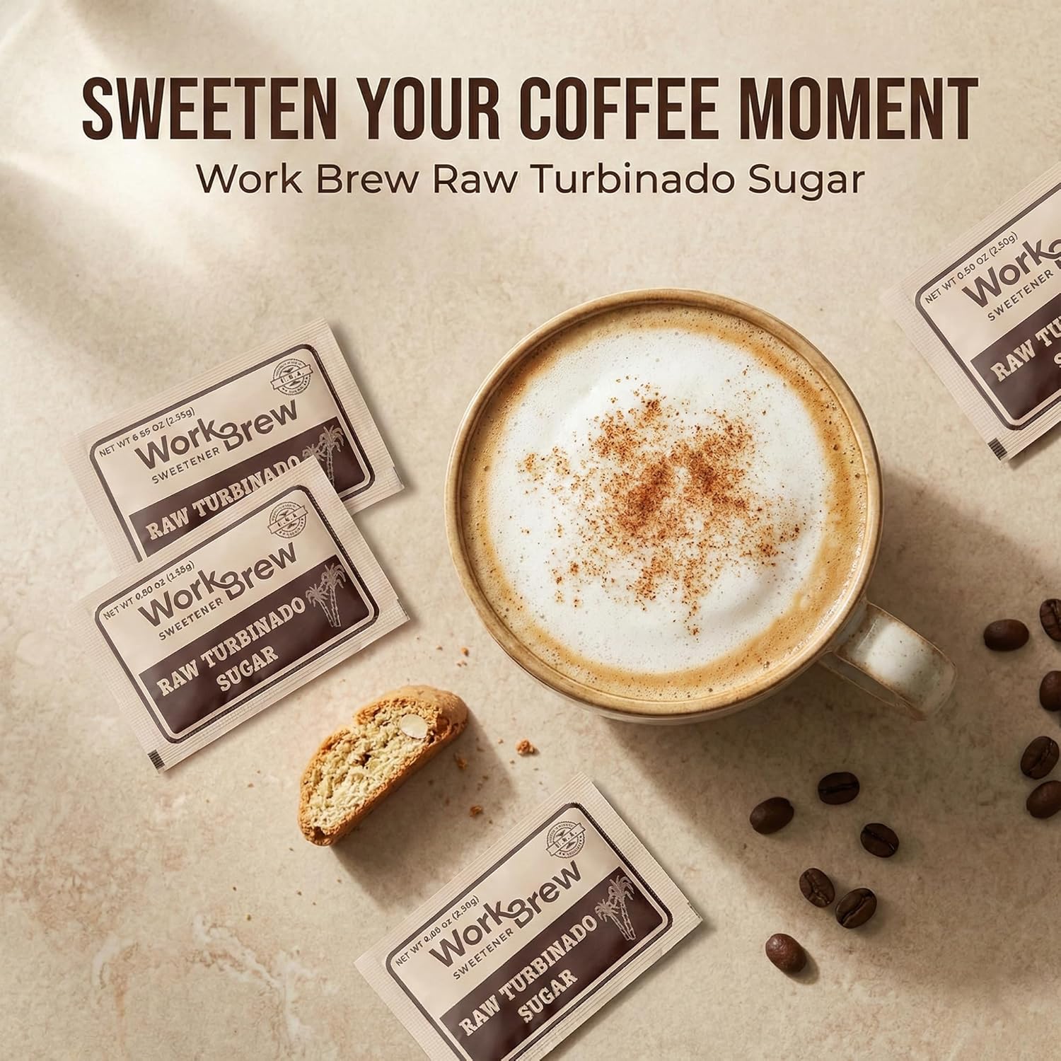 WorkBrew Raw Turbinado Sugar Packets 500 Count, Individual Sugar Packets for Coffee & Tea, Restaurants, Airbnb, Coffee Shops, Offices, Schools