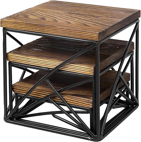 Miniatura 7 de MyGift Juego de 3 soportes modernos para exhibición de postres, parte superior rústica de madera encalada y base geométrica de alambre de metal de