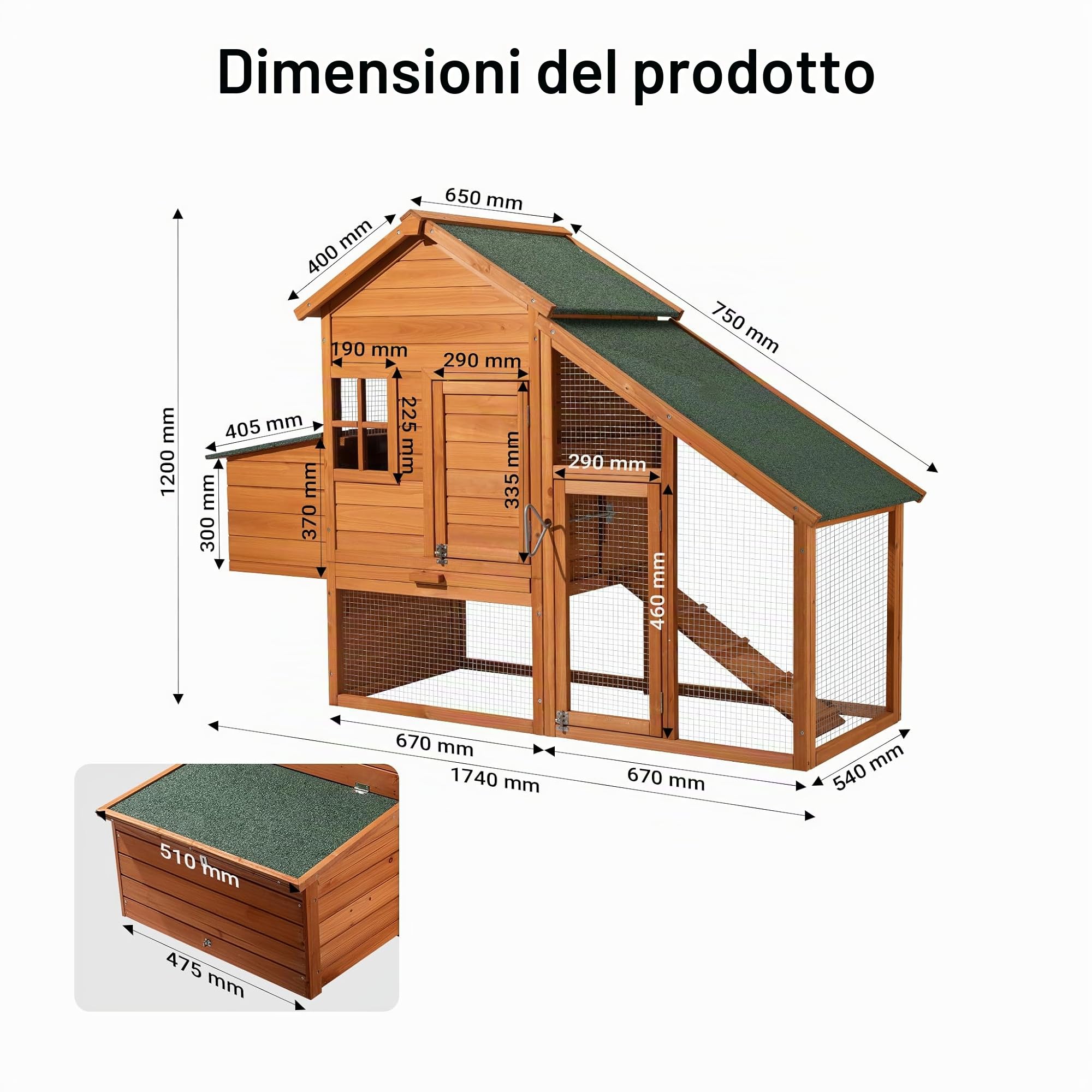 Pollaio con spazio esterno e nido, in abete, 1720x660x1200mm, griglia e vasca galvanizzate
