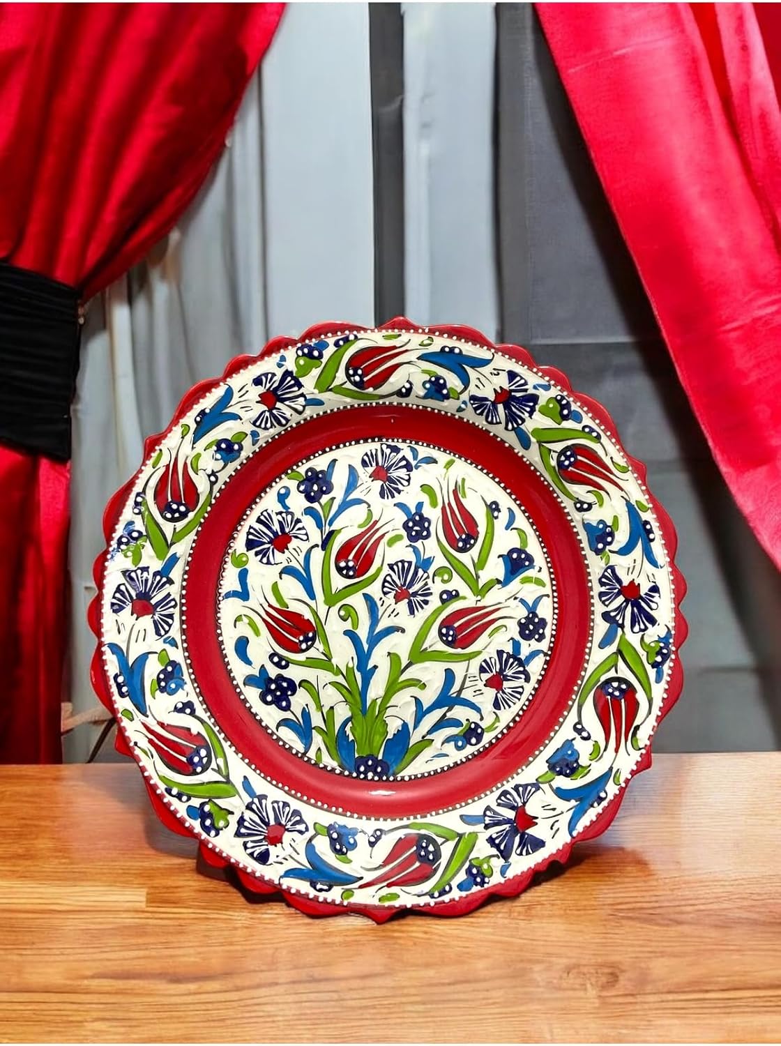 SODEF Decorative Plate Handmade Ceramic 12-Inch Kütahya Pottery Turkish Art, Traditional Home Decor, Display Plate, Wall Hanging, Red and Navy Blue - Kırmızı - Lacivert Kutulu