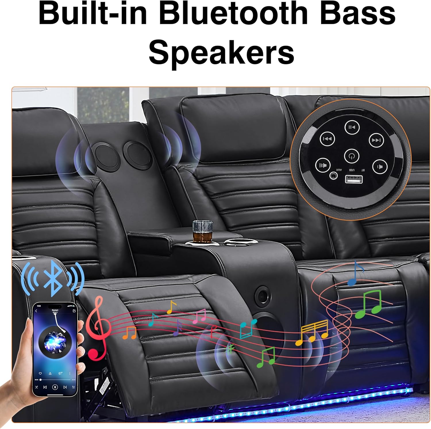 THSUPER Power Black Leather L Shaped Recliner Sofa Couch Sets with Arm Storage and Power Headrest for Living Room, Leather Reclining Living Room Furniture Set with Bluetooth Speaker. | Breathable material, LED ambient light, USB and Type-C port, Easy to Assemble, Cup Holders