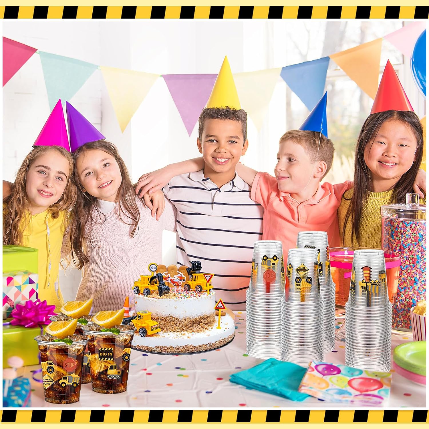 FoldTier 50 Pcs Construction Cups 12 oz Traffic Zone Birthday Glasses Plastic Dump Truck Construction Drinking Cups for Home Traffic Zone Birthday Party Favors Supplies Decoration