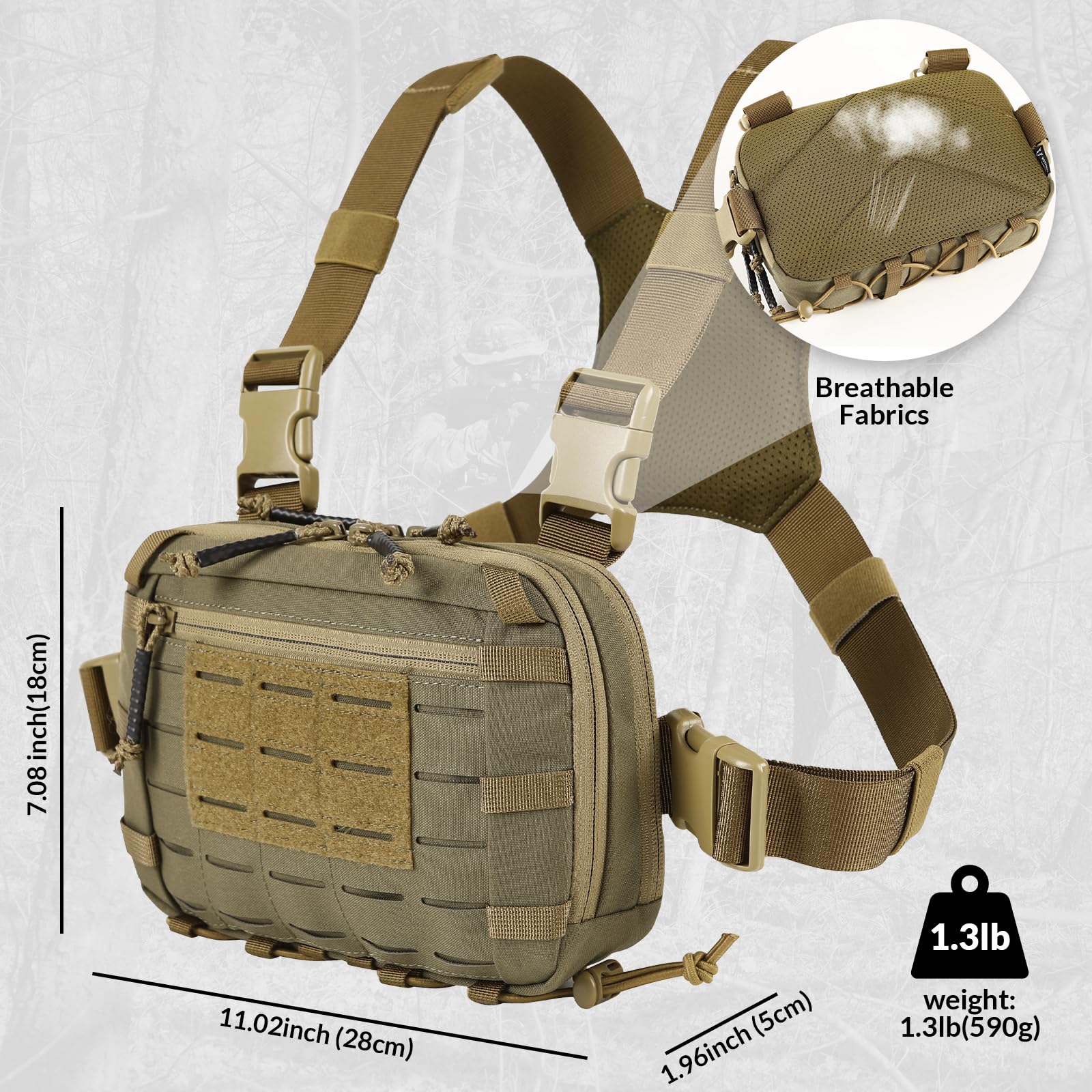 VOTAGOO GEAR Tactical Chest Pack EDC Chest Bag 2L Utility Molle Chest Rig Pouch with CCW Compartment Adjustable Strap Outdoor (GREEN&BROWN)