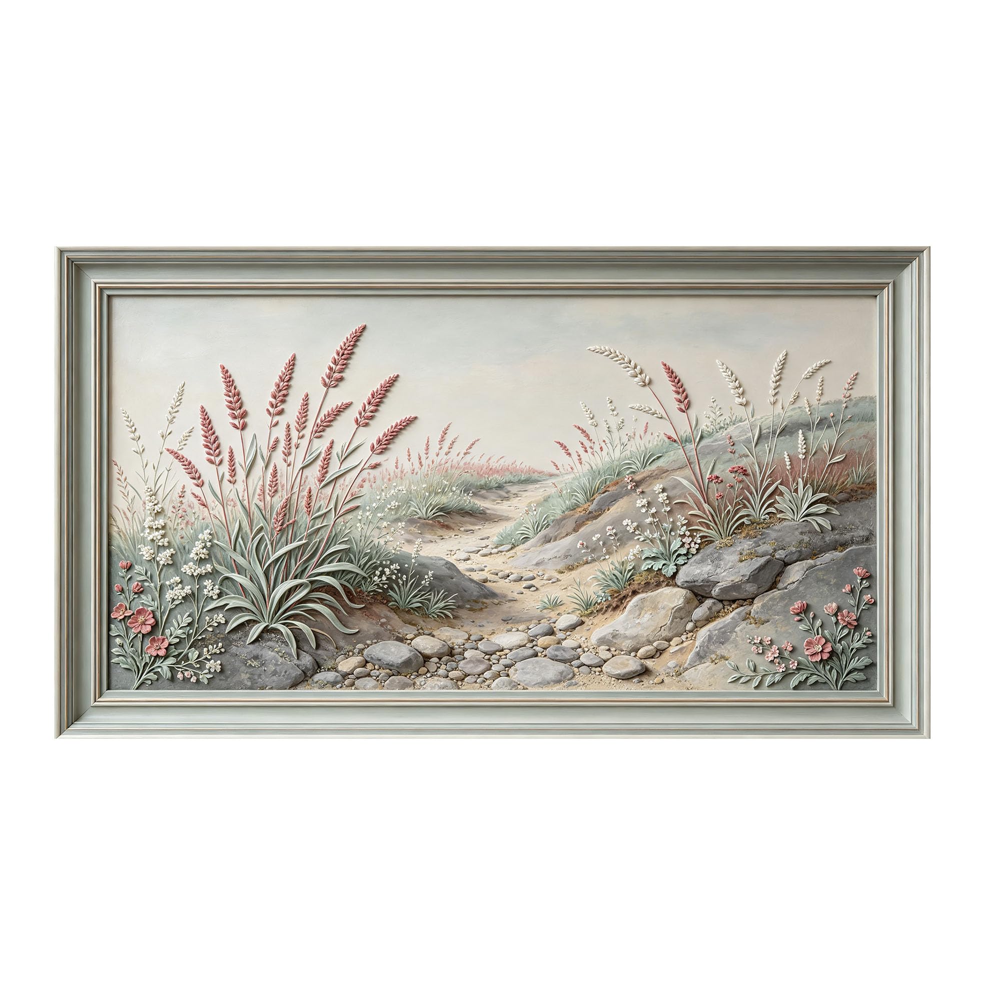Murasolite 3D Framed Wall Art Pastoral Floral Meadow Path Relief Effect SelfAdhesive Fabric Mural Wall Decor， Peel and Stick No Damage to Wall， AntiFall Safe Design for Bedroom Living Room
