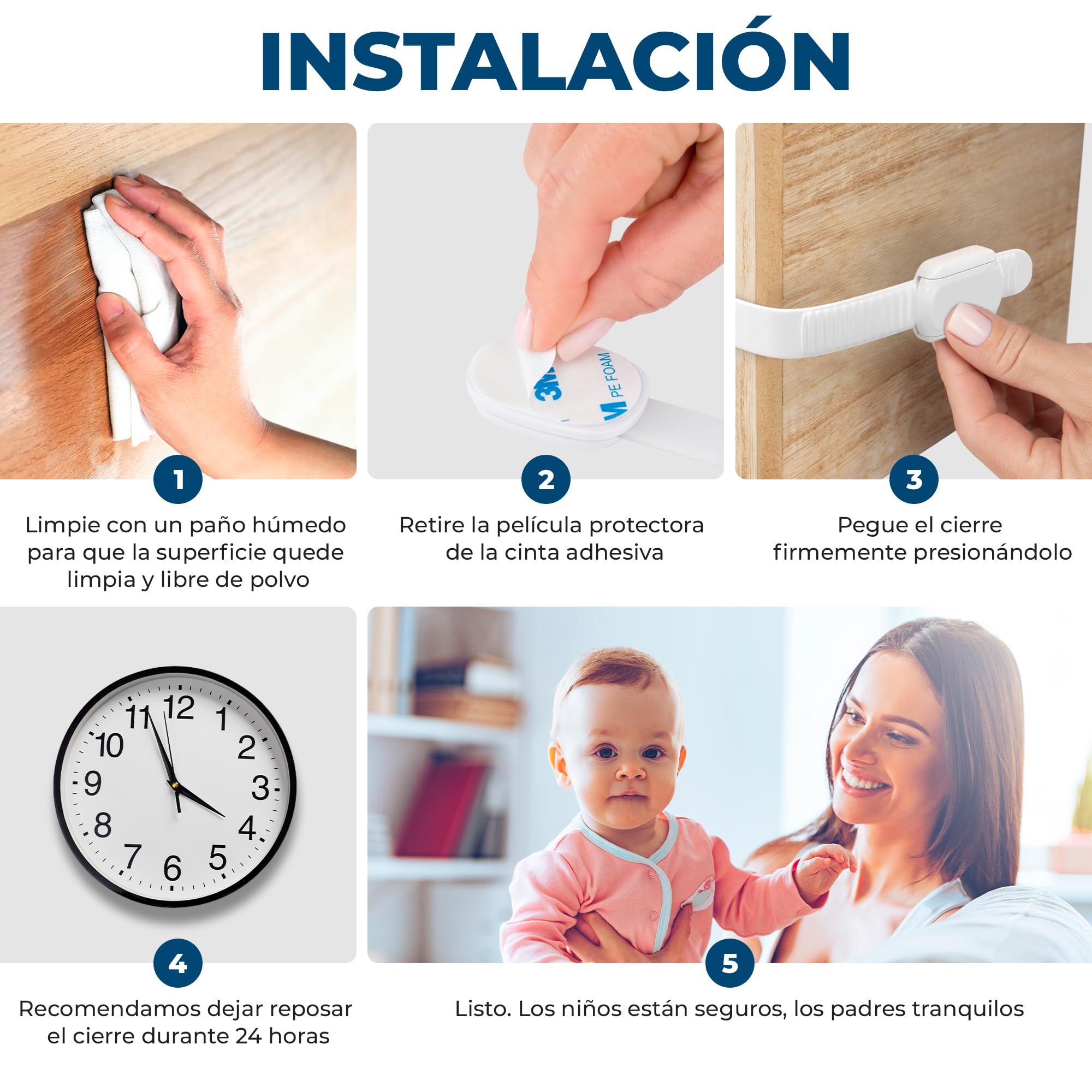 Hoffenbach Bloqueo de Seguridad para Bebé – Cierre Protector para Puertas, Cajones y Armarios – Cerradura Autoadhesiva sin Taladro, Seguros para Bebés y Ventanas (Blanco, 8 piezas)