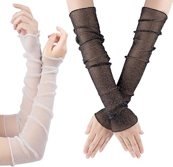 OIIKI 2 Pairs Womens Long Ultra-thin Lace Gloves Sun UV Protection, Cooling Mesh Tulle Sunscreen Sleeves Fingerless Arms Legs Accessories for Party Outdoor Sport Activities- 50cm, Black/White