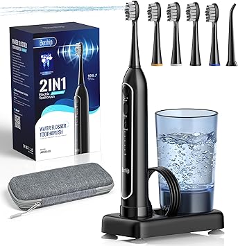 Electric Toothbrush with Water Flosser Combo, 2-in-1 Flosses and Sonic Toothbrush, Flossing Toothbrush for Adults, Cordless Water Flosser for Home and Travel, Portable Travel Case Included