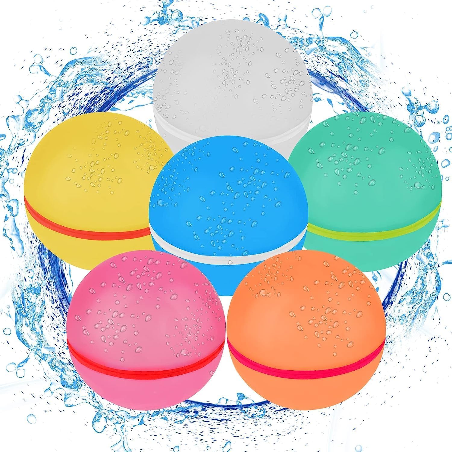6Pcs Reusable Water Balloons for Kids Water Bombs Splash Balls for Pool, Refillable Quick Fill Self Sealing for Water Fight Game, Water Park, Summer Party