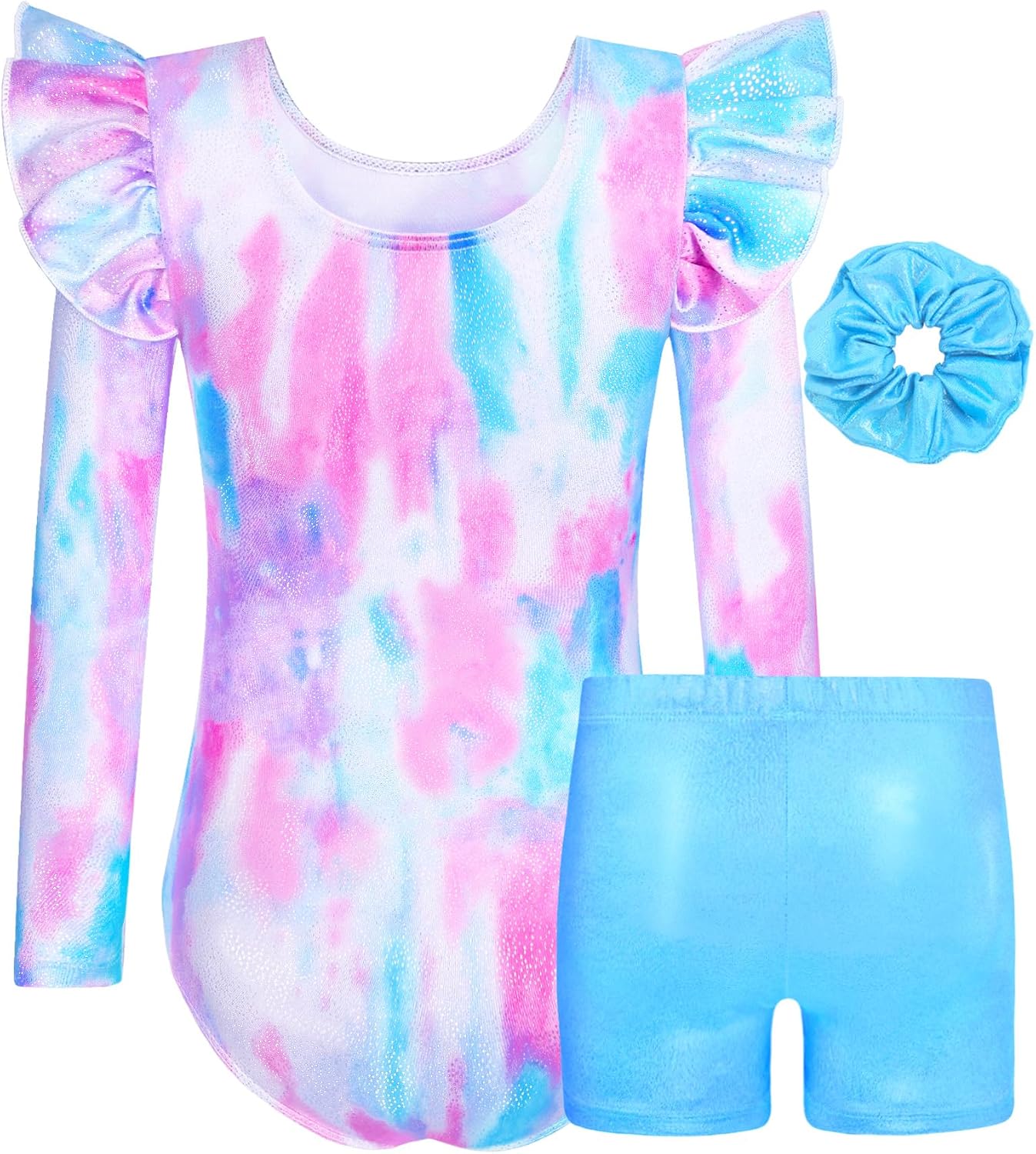 Girls Gymnastics Leotards Set Ruffle Long Sleeve Biketard 3-12Y | Match short & hair scrunchie