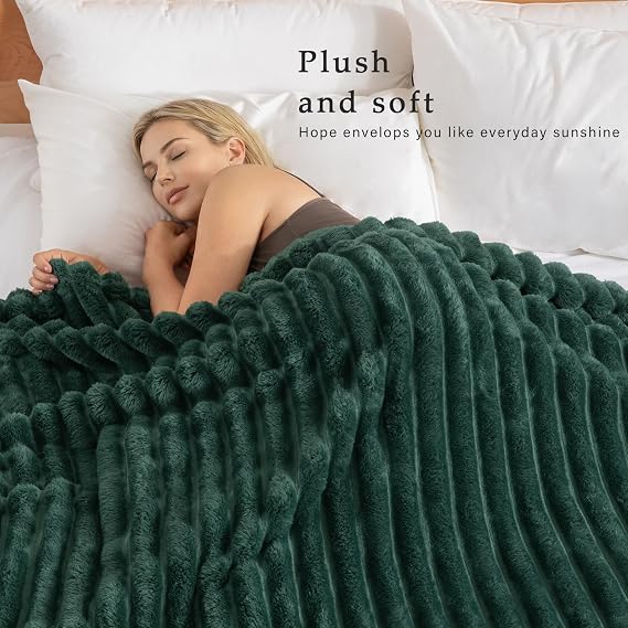 Exclusivo Mezcla Soft Striped Fleece Blanket, Forest Green Sofa Bed Throw