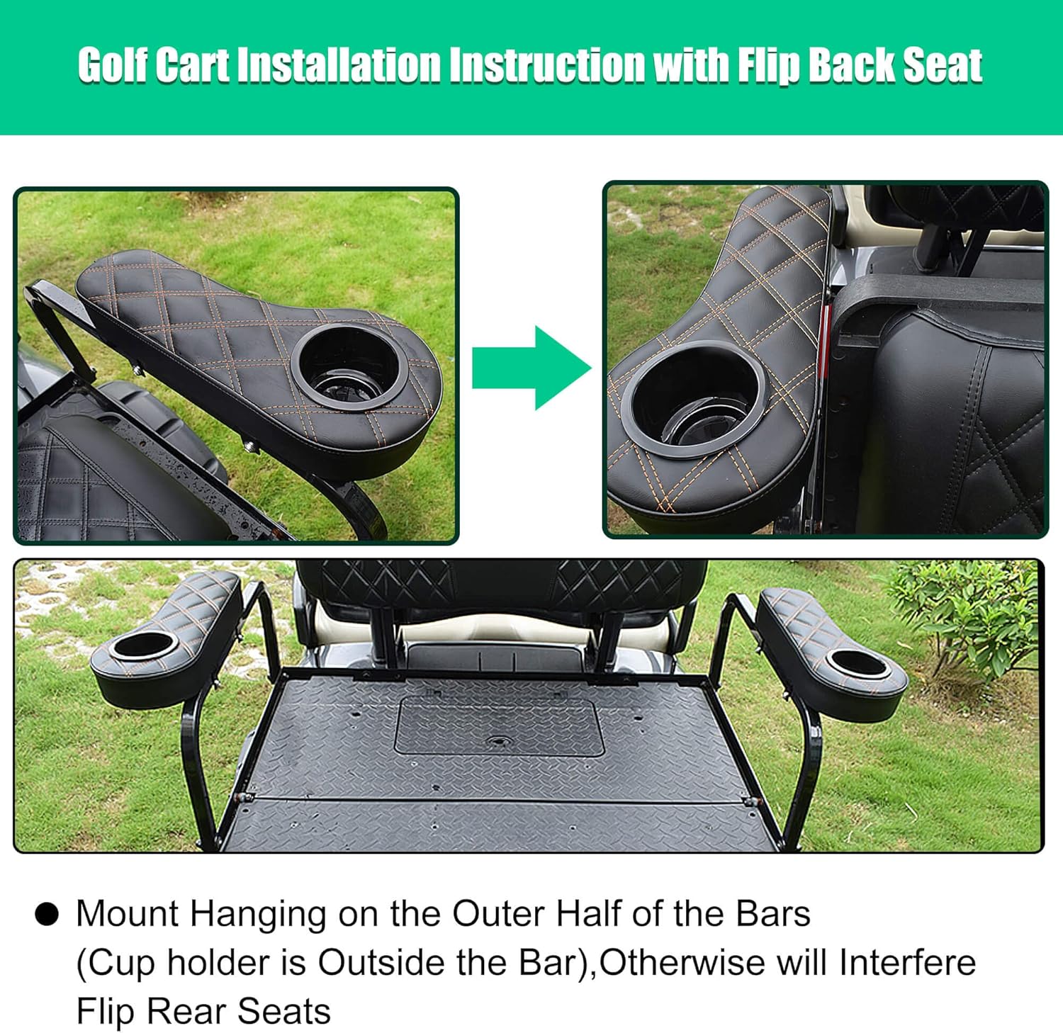 NOKINS Golf Cart Armrest with Cup Holder for EZGO/Club Car/Yamaha & Most Golf Cart,Stainless Steel Support Frame Sturdy Without Tilting No Drilling,Fit 1" Square Tube Frame (Diamond Black)