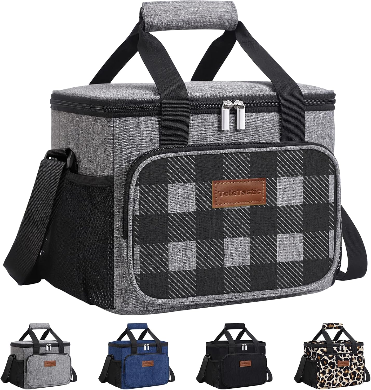 Insulated Reusable Lunch Box Lunch Bag for Women/Men LeakProof Lunch Tote Bag with Adjustable Shoulder Strap, Front Zipper Pocket and Dual Large Side Pockets for Work/Picnic（24L,Plaid）