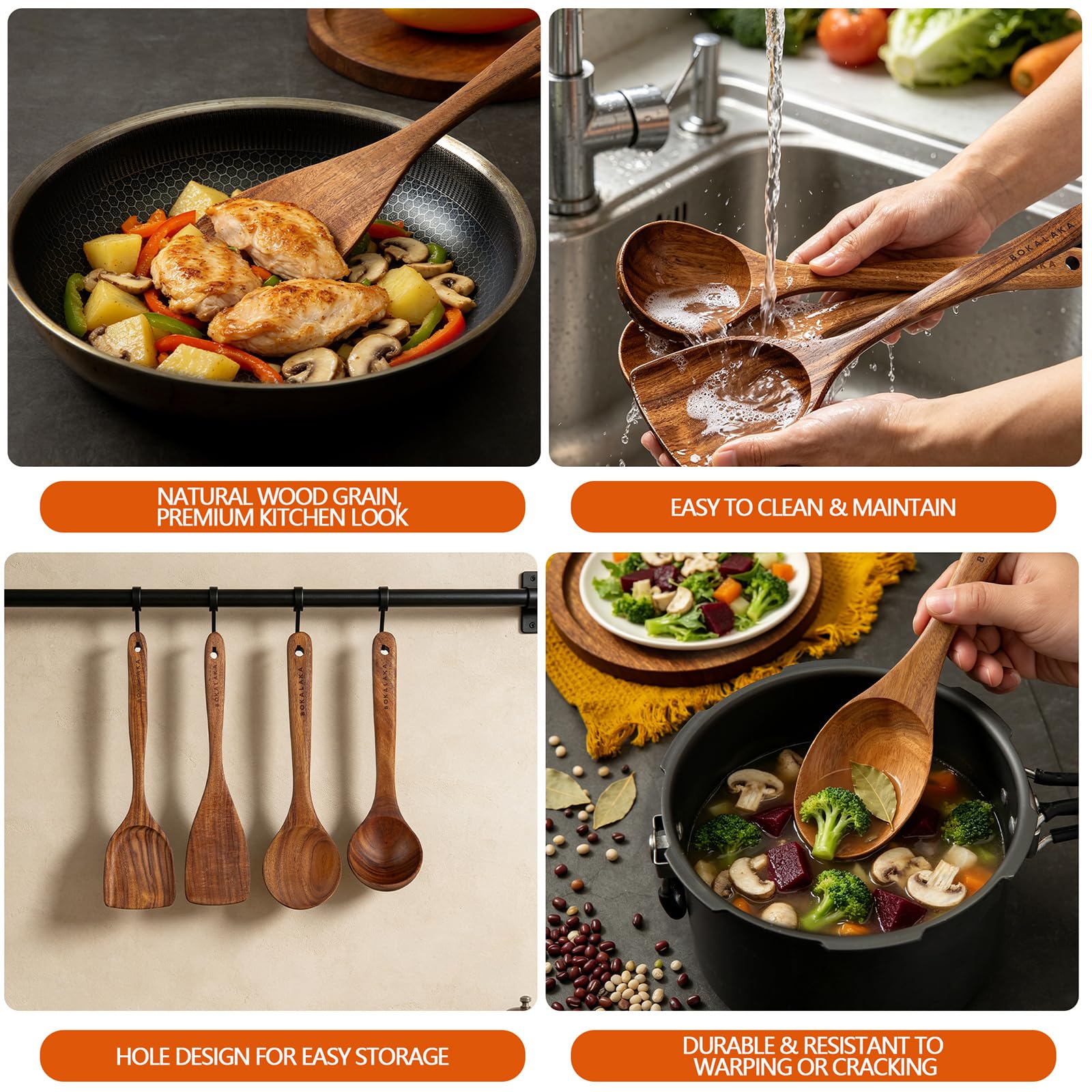 BOKALAKA Juego de 10 utensilios de cocina de madera de teca natural, espátulas y cucharas para cocinar