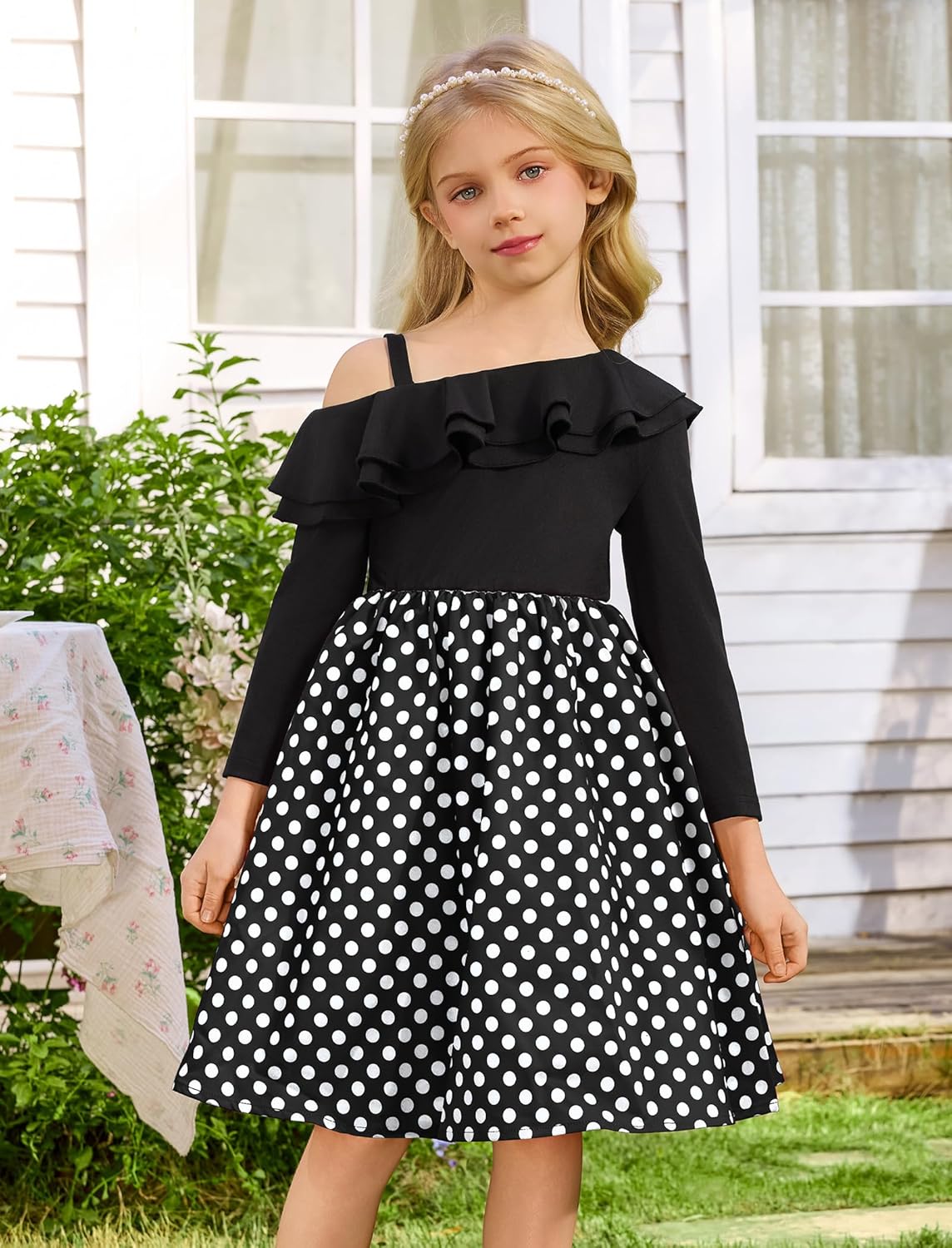 ODIZLI Kids Girls 1950s Retro Vintage Dress Rockabilly Long Sleeve Off-Shoulder Polka Dot Swing Party Dresses - Image 2