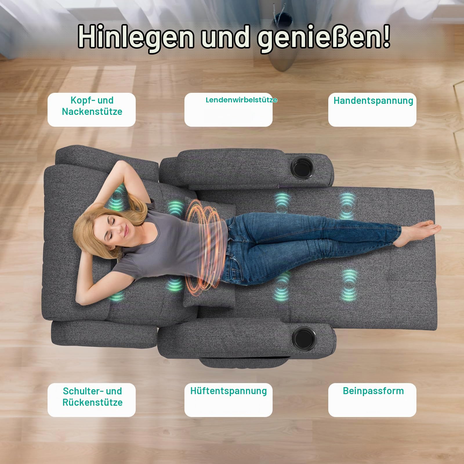 Relaxsessel Fernsehsessel - Satz von 2, Elektrisch Verstellbar Massagesessel mit Wärmefunktion Liegefunktion Fußteil, 2 Seitentaschen Getränkehalter, TYP C & USB-Anschlüsse, 2 TV Sessel