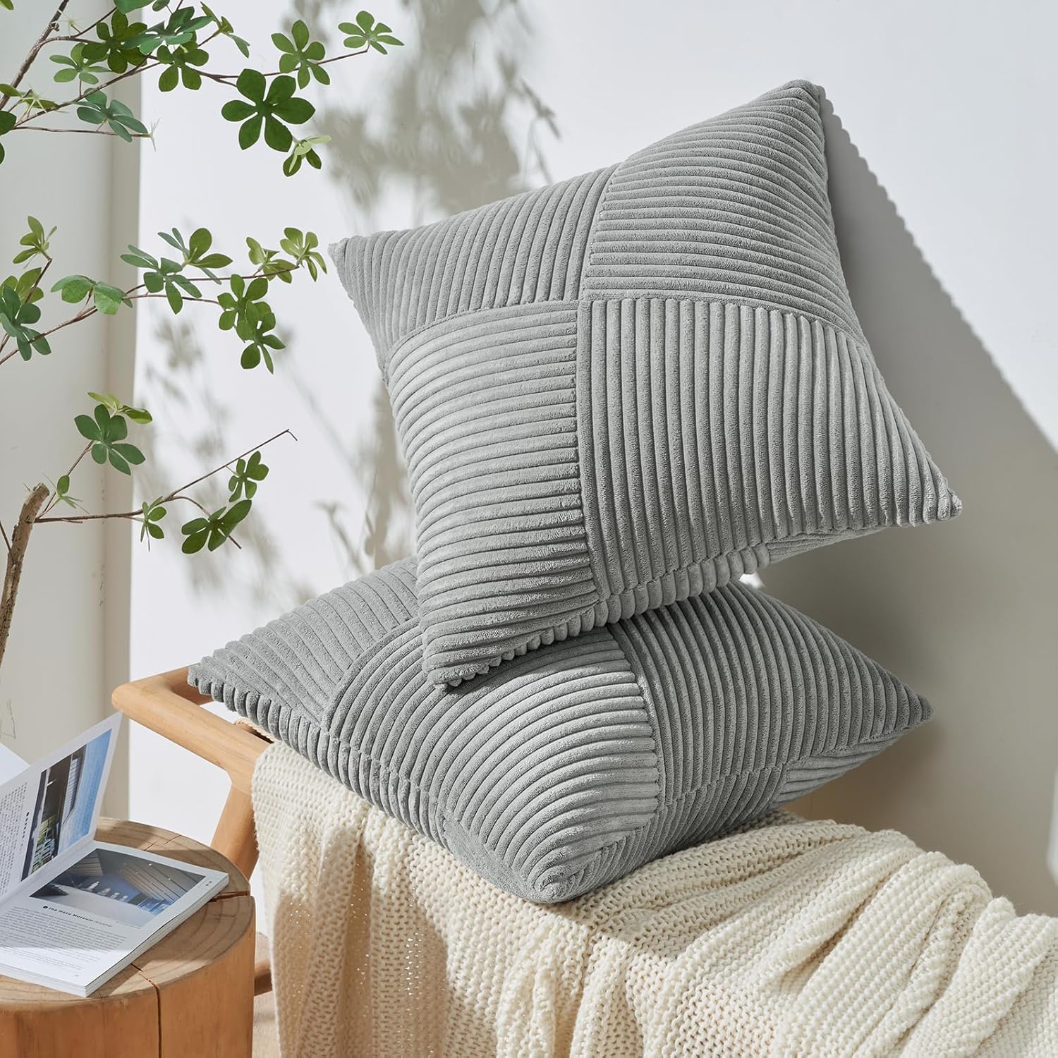 Topfinel Decorative LightGrey Throw Pillow Covers 26x26 Inch Soft Corduroy Modern Farmhouse Grey Pillow Covers for Living Room Couch Sofa Bed Set of 2 65x65 cm