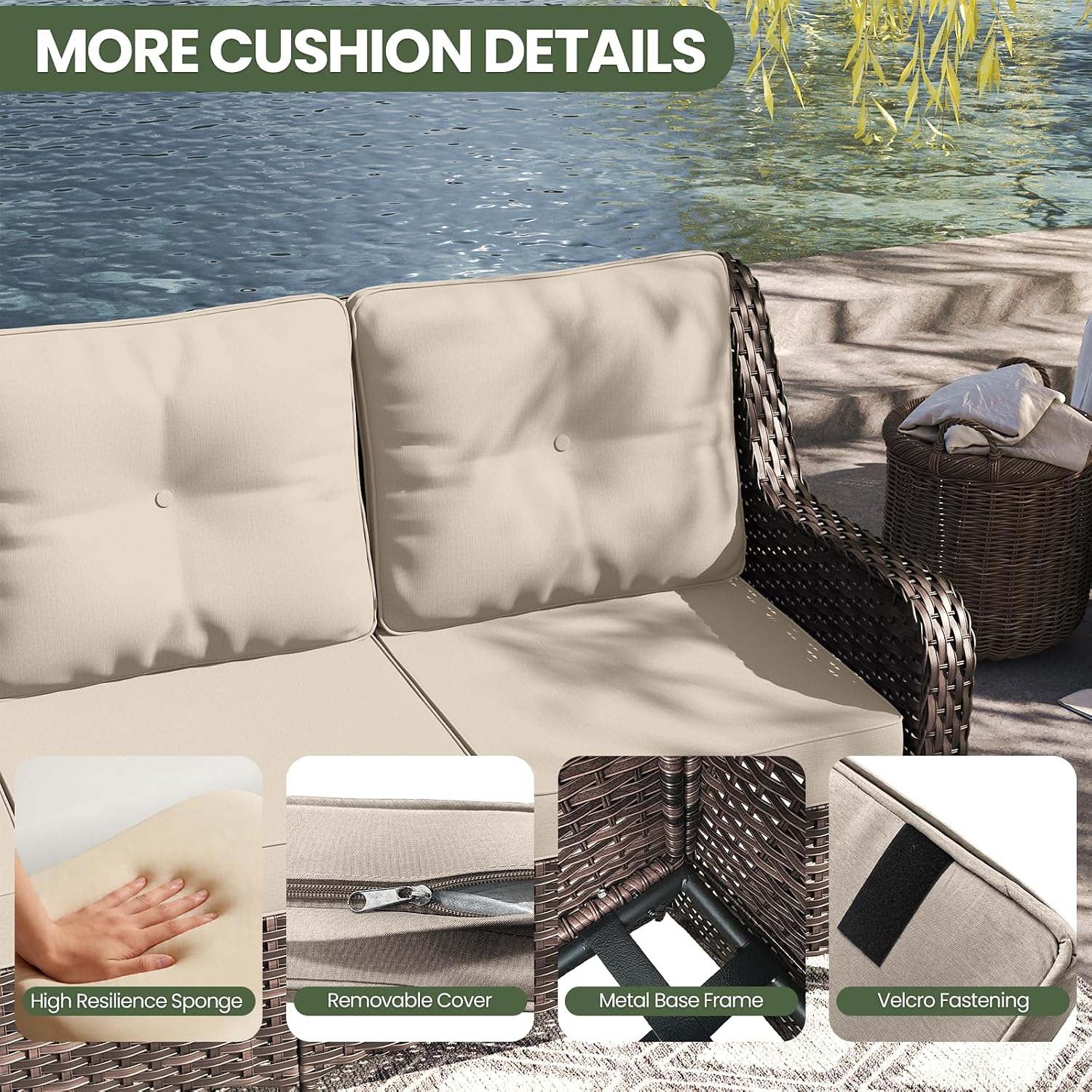 ALAULM 7 Pieces Patio Furniture Set,High Back Wicker Outdoor Sectional Furniture Set with Swivel Chairs & Coffee Table, Patio Conversation Set Thick Cushion for Backyard, Deck, Porch-Sand