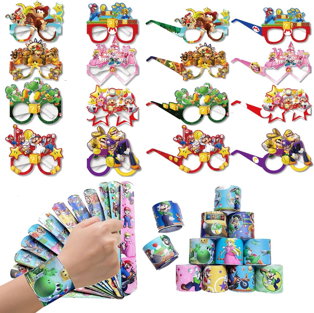 32 Pcs Mario Birthday Party Supplies Favors for Kids - 24Unique Colorful Designs Mario Bracelets, 8 Pcs Glasses for Kids Mario Themed Birthday Party Supplies Favor, Is A Favorite Gift For Boys Girls