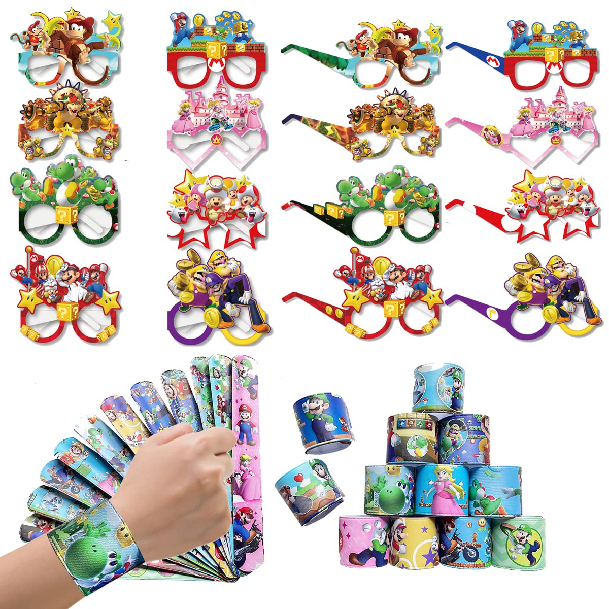 32 Pcs Mario Birthday Party Supplies Favors for Kids - 24Unique Colorful Designs Mario Bracelets, 8 Pcs Glasses for Kids Mario Themed Birthday Party Supplies Favor, Is A Favorite Gift For Boys Girls