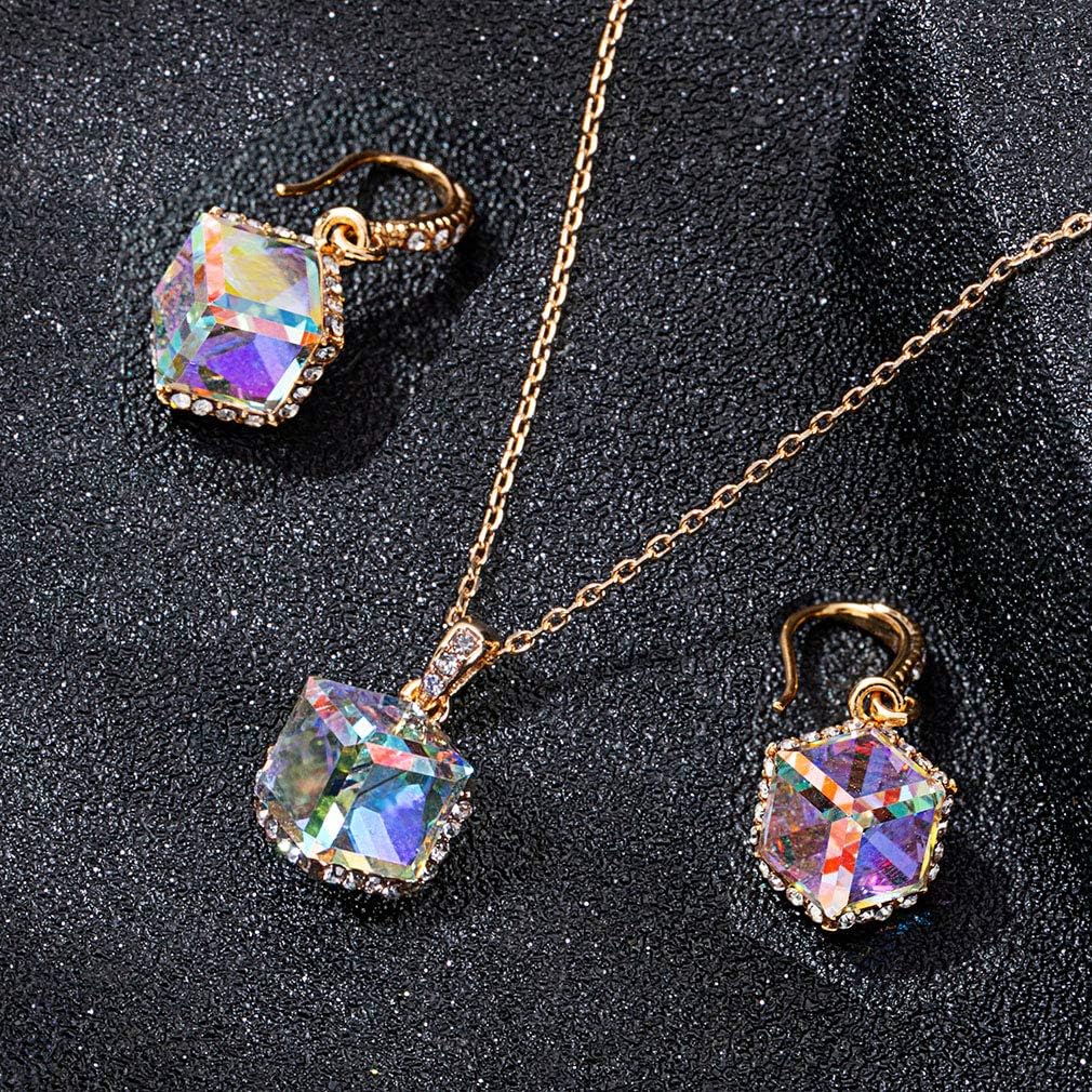 EVEVIC Colorful Cubic Austrian Crystal Pendant Necklace Earrings for Women 14K Gold Plated Hypoallergenic Jewelry Set