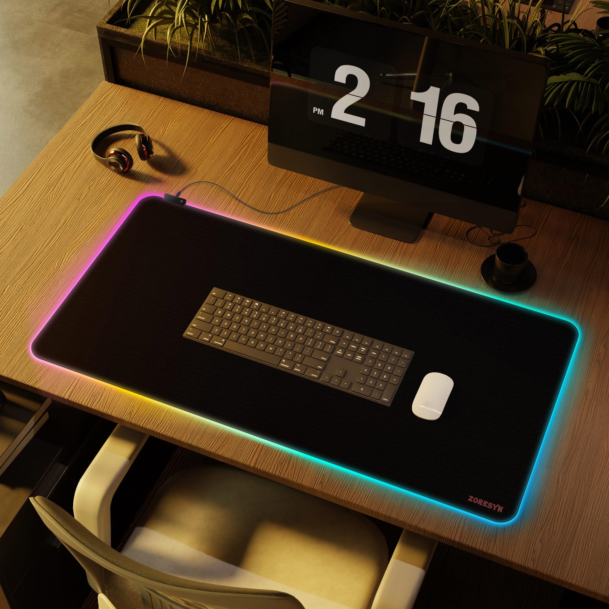 ZORESYN Tappetino per mouse da gioco RGB, 100 x 50 cm, grande tappetino per mouse con luce a LED, tappetino per tastiera, accessori da gioco per scrivania, base in gomma antiscivolo, grande tappetino