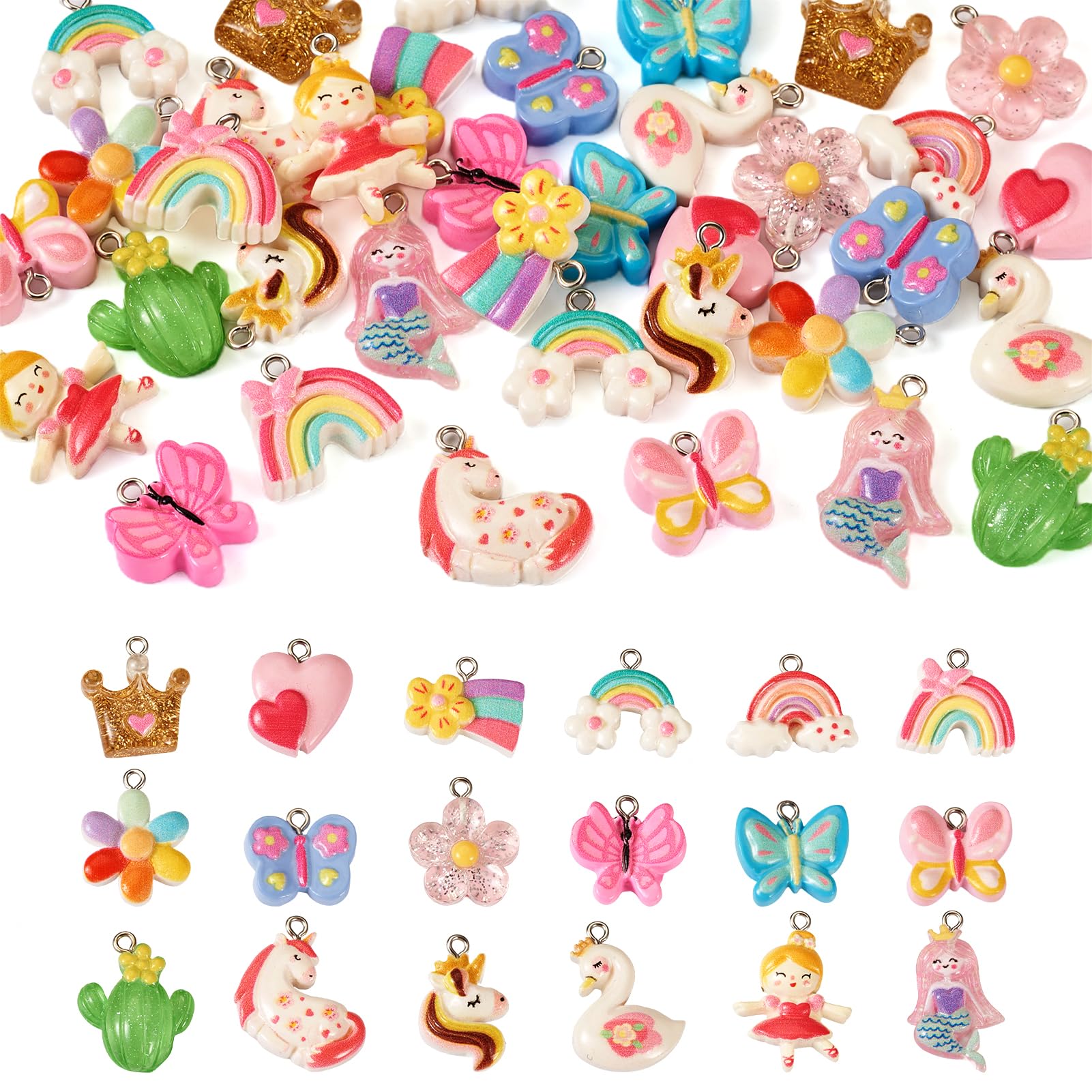 Cheriswelry 36pcs Butterfly Cactus Flower Pendants Cute Rabbit Heart Resin Dangle Charms Lovely Earring Making Charms Hang Ornament 15~30mm for DIY
