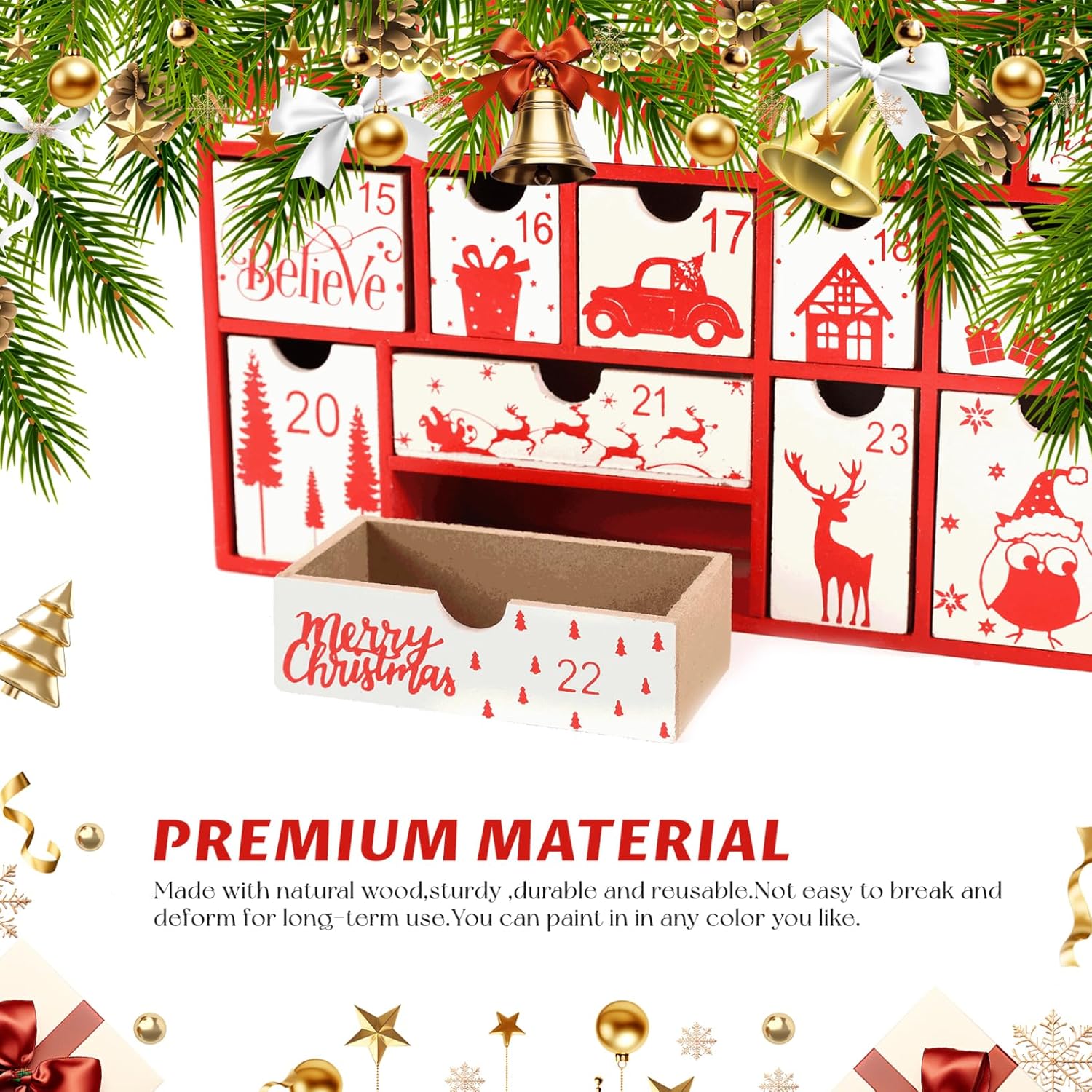 Empty Advent Calendars to Fill, Christmas Wooden Advent Calendar with 24 Drawers Fillable Christmas Countdown Box for Kids Family Xmas Holiday Decor..