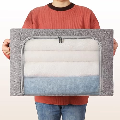 Miniatura 7 de Paquete de 2 contenedores de almacenamiento de ropa, caja de almacenamiento plegable con marco de metal con ventanas de malla, juego organizador de