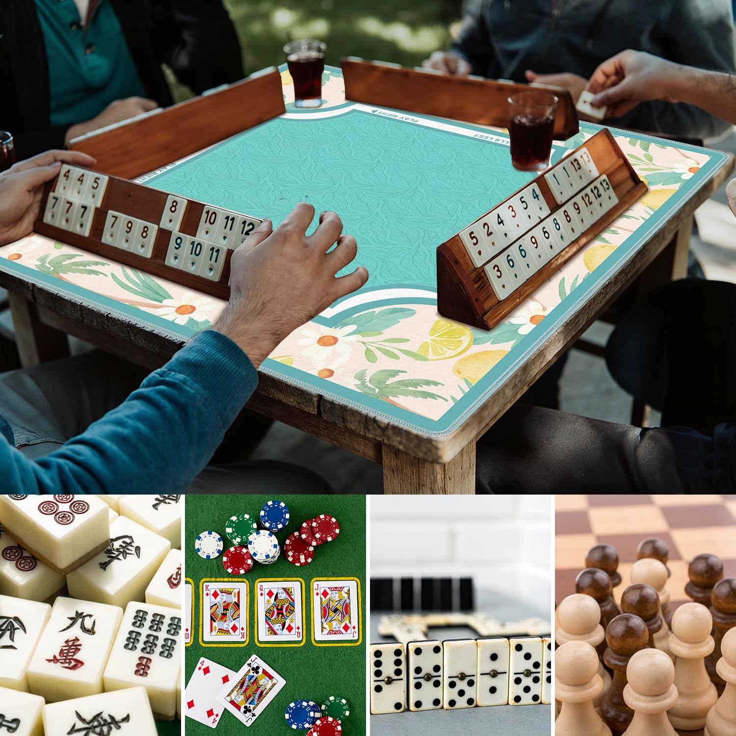 WHCHJ Turquoise and Beige Lemon Mahjong Mat 31.5 x 31.5 in, Tropical Summer Palm Lemon Flower Anti-Slip Noise-Reducing Mahjong Mat for Table Board, Games Tile Games, Poker and Cards