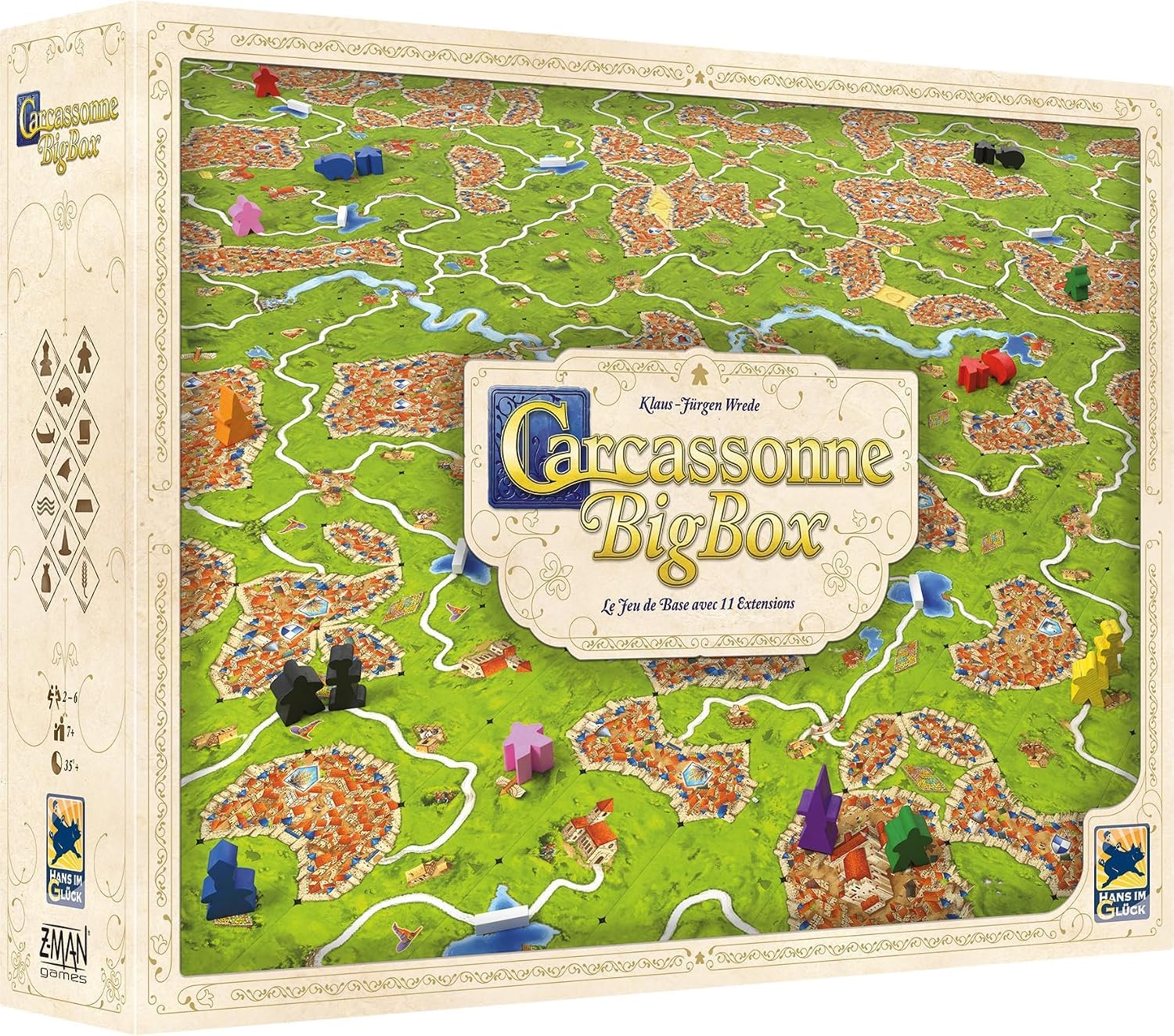 Asmodee Big Box Carcassonne Hans im Glück - Caja de iniciación - Juego básico y 11 Extensiones - Clásico Juego de Mesa para Familia a Partir de 7 años - Español | 7+ ans et plus - 2 à 6 jugadores - 45 à 60 minutos de jeu - Jeu de société - Jeu de strategi