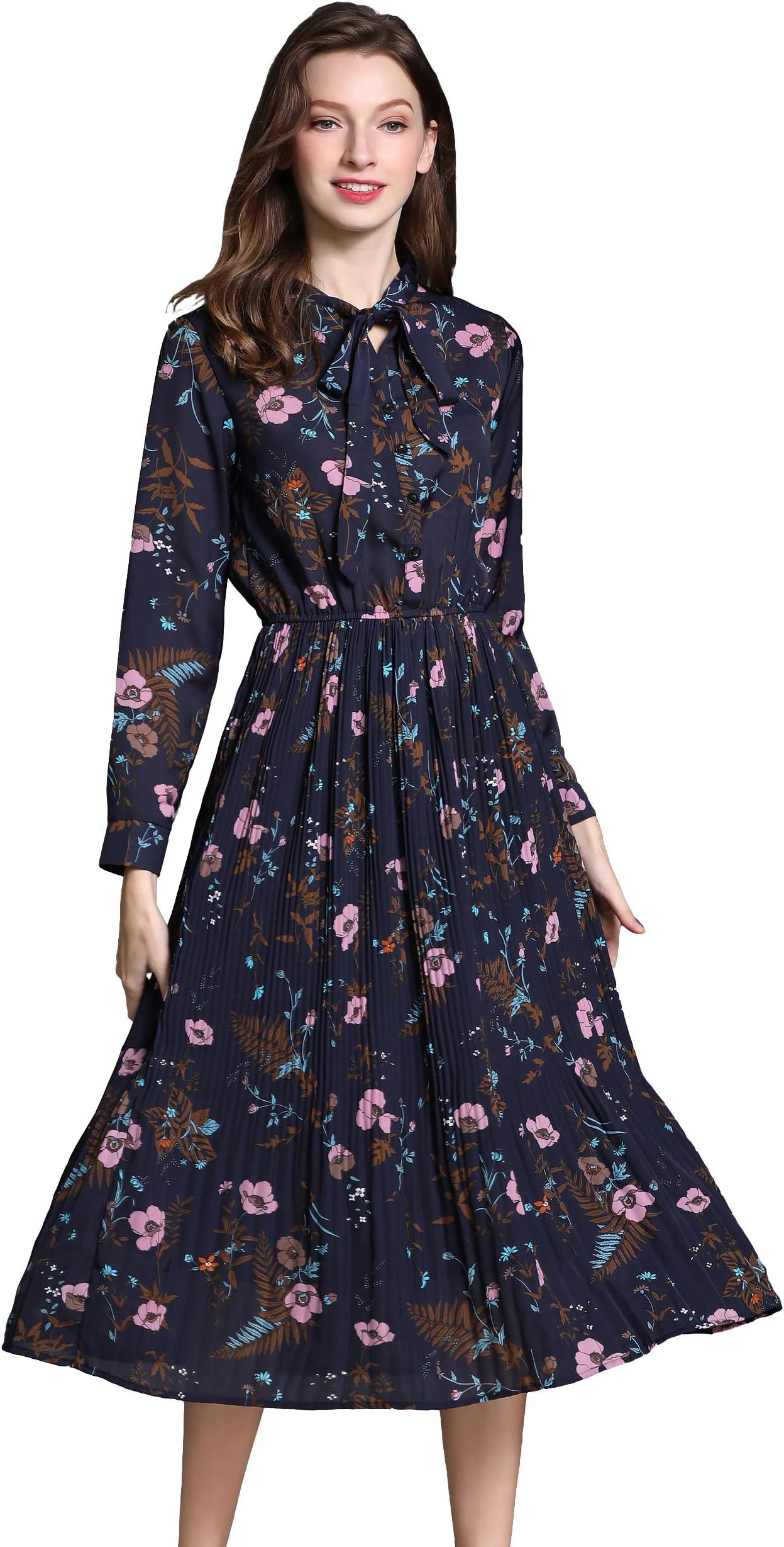 Women's Vintage Floral Printed Lotus Sleeves Elastic Waist Pleated Swing Cocktail Party Midi Dress (Navy Blue, M)