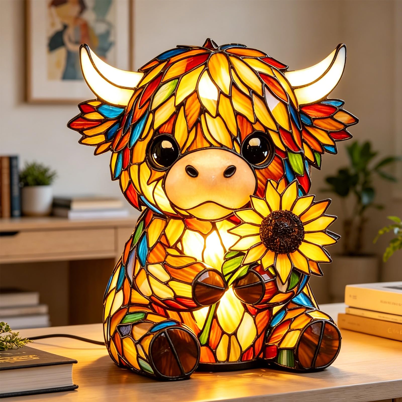 Stained Cow Lamp Highland Vintage Cow Lamps Stained Resin Table Lamps,Animal Series Night Light Home Decor,3D Cute LED Animal Bedside Table Night Lights for for Home,Office,Bedroom,Living Room，2pc