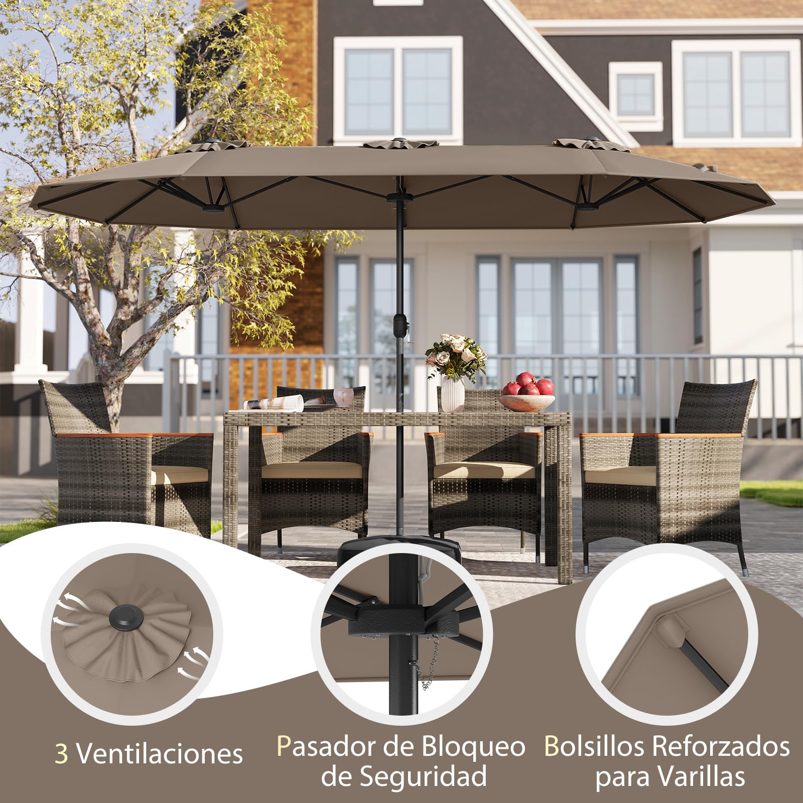 RELAX4LIFE Sombrilla Doble 400 x 210 cm con Base, Manivela, 12 Costillas y 2 Sacos de Arena de Carga 30kg, Sombrilla Terraza Exterior con Protección UV para Jardín, Terraza y Mercado