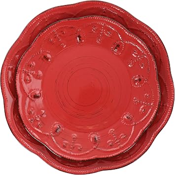 Elama Embossed Scalloped Round Stoneware Dinnerware Dish Set, 16 Piece, Red with Brown Accents