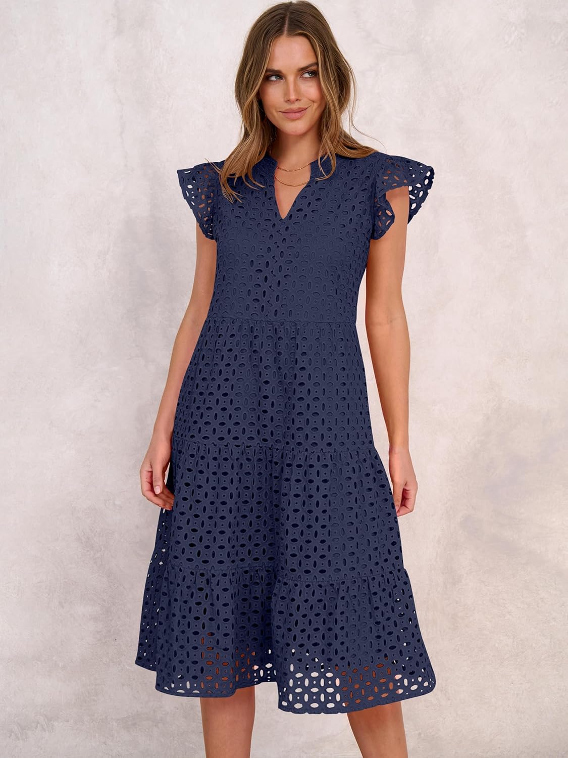 ANRABESS Womens 2026 Summer Midi Dress Hollow Out Eyelet Ruffle Sleeve V Neck Casual Flowy Tiered Beach Vacation Sundress - Image 3