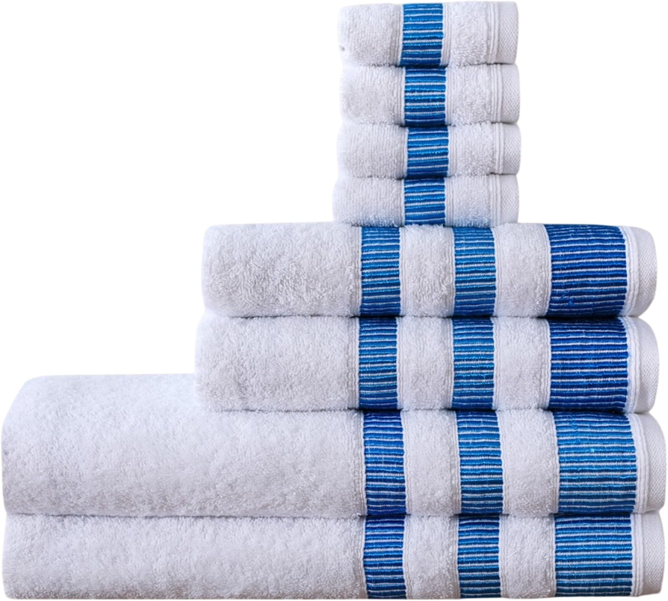 8 Piece Towel Set – 100% Natural Cotton, 600 GSM – Includes 2 Bath Towels, 2 Hand Towels, 4 Face Cloths – Ultra Soft, Highly Absorbent, Quick-Dry – Hotel Spa Quality Bale Set (White Ocean Blue Border)