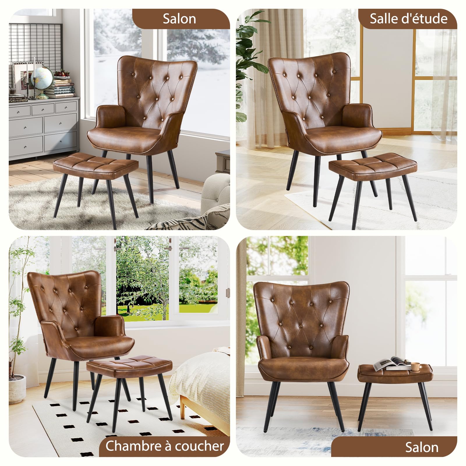 Fauteuil Salon avec Repose-Pieds, Fauteuil Scandinave Relax en Similicuir avec Accoudoirs & Dossier, Chaise Chambre pour Salle à Manger, Salon, Chambre, Chaise Bureau, Allaitement, Brun