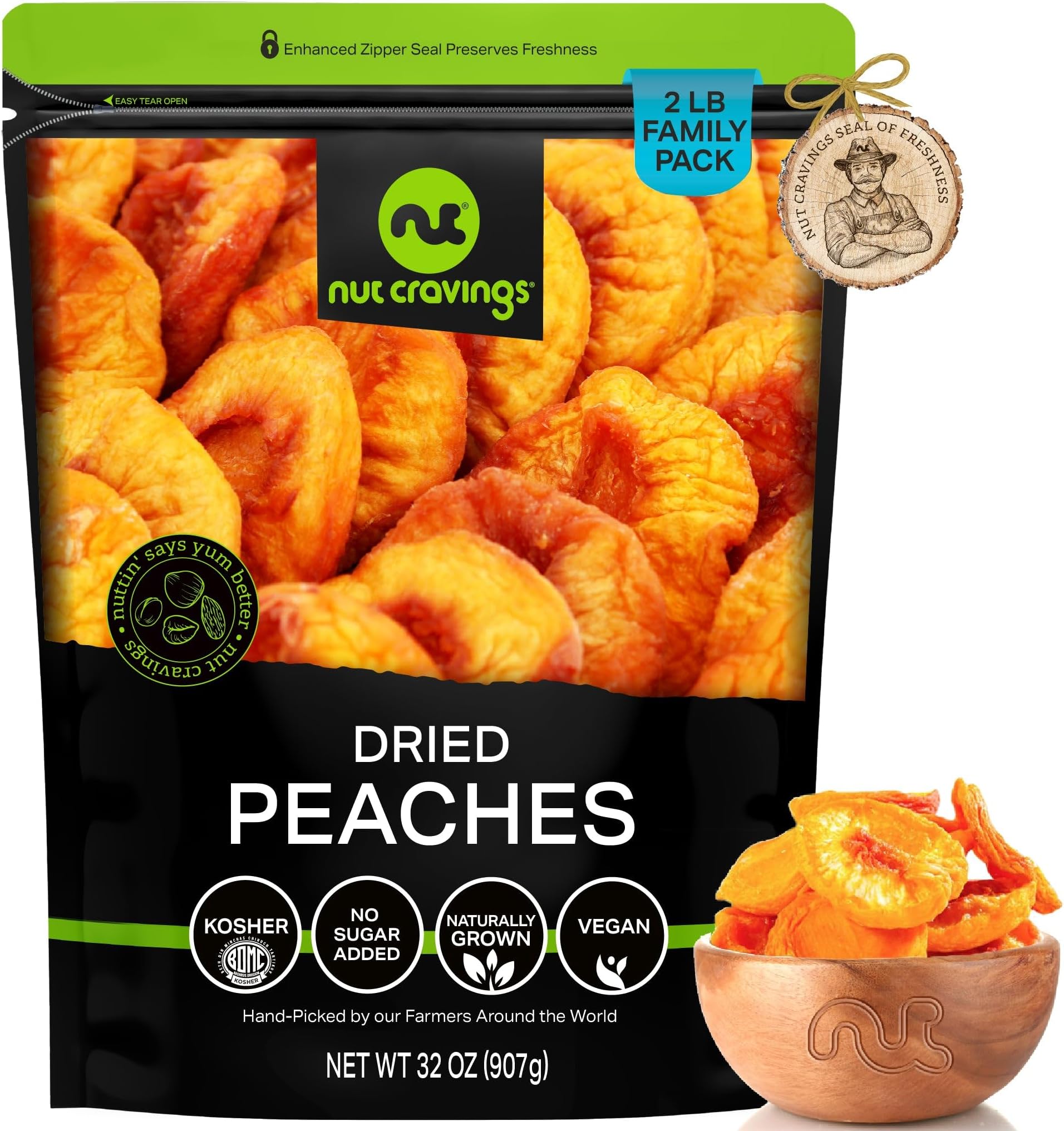 Nut Cravings Dried Fruits - Sun-Dried California Peaches, No Added Sugar (32 Ounces - 2 Lb) Fresh Packaged In Reusable Bag - Sweet Snack, Healthy Food, All Natural, Vegan