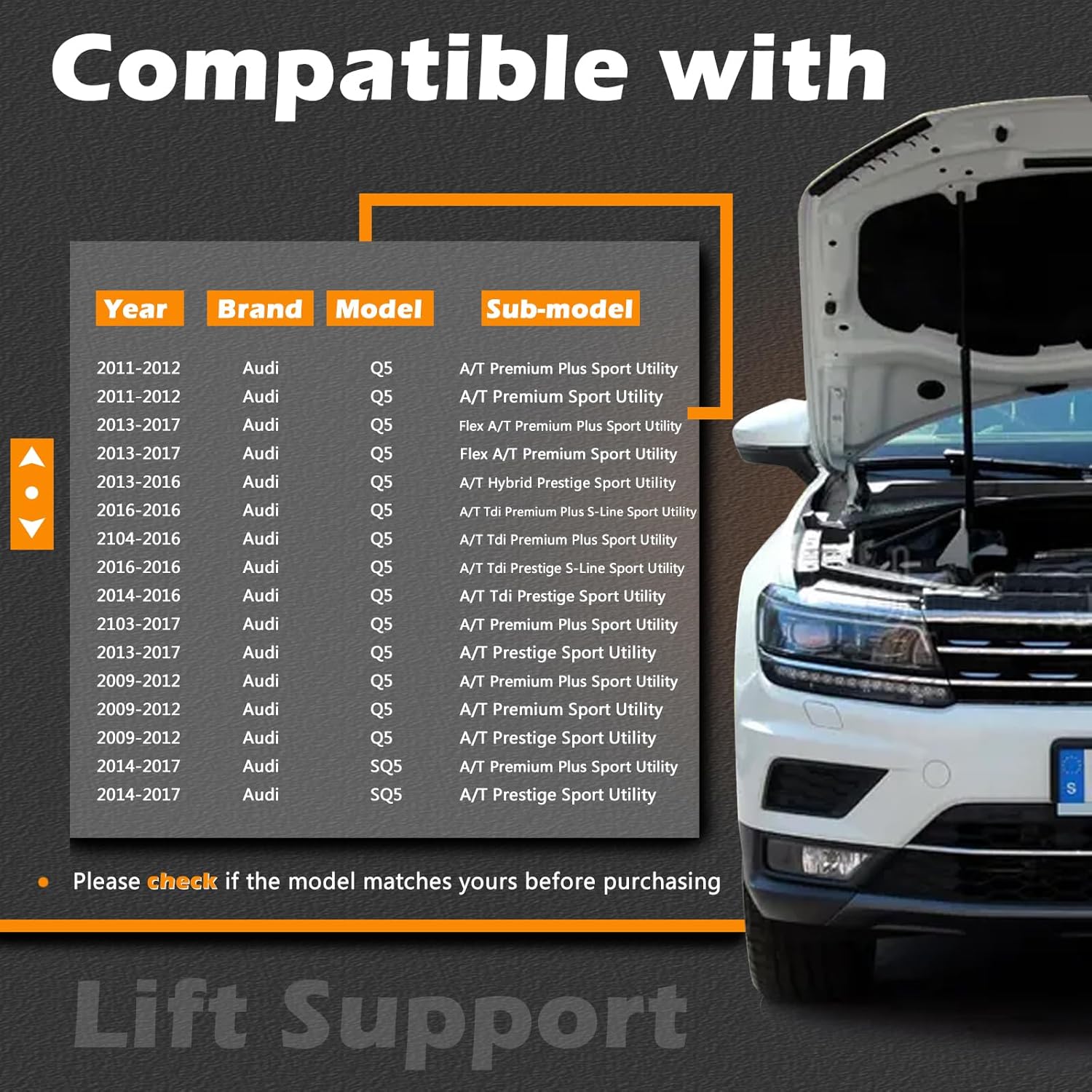 12.03 in 2Pcs Hood Lift Support Struts Gas Spring Shocks Rod Compatible with Audi Q5 2009-2017/2014-2017 SQ5 Replaces # 8R0823359A (Note : w/o Power Liftgate, 4 Door Sport Utility)