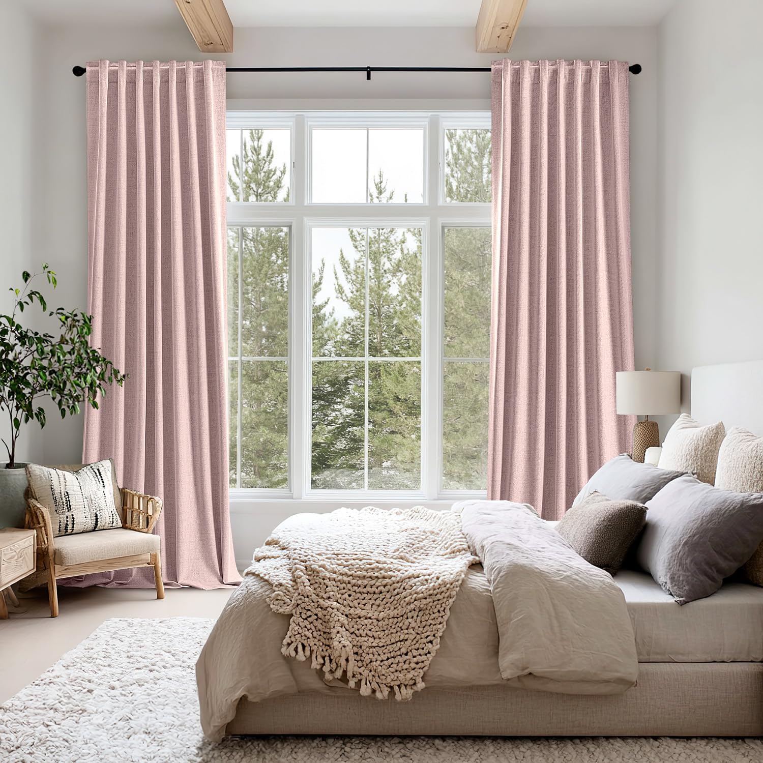 MIULEE 100% Blackout Linen Curtains for Bedroom, Pink Solid Luxury Decor Thermal Insulation Room Darkening Drapes for Living Room Nursery Back Tab Rod Pocket 42 x 84 Inches, 2 Panels