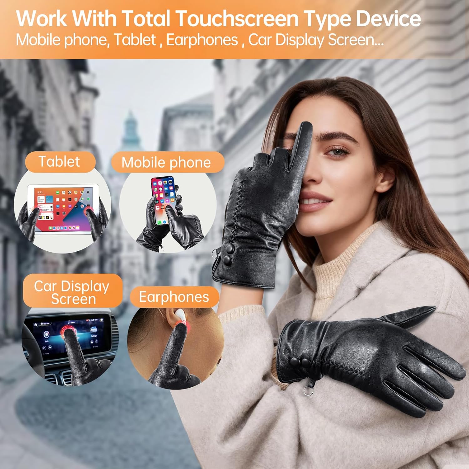 Aegend Sheepskin Leather Gloves for Women, Soft Warm Cashmere Lining Full Hand Touchscreen Thermal Winter Driving Glove/Black - Image 3