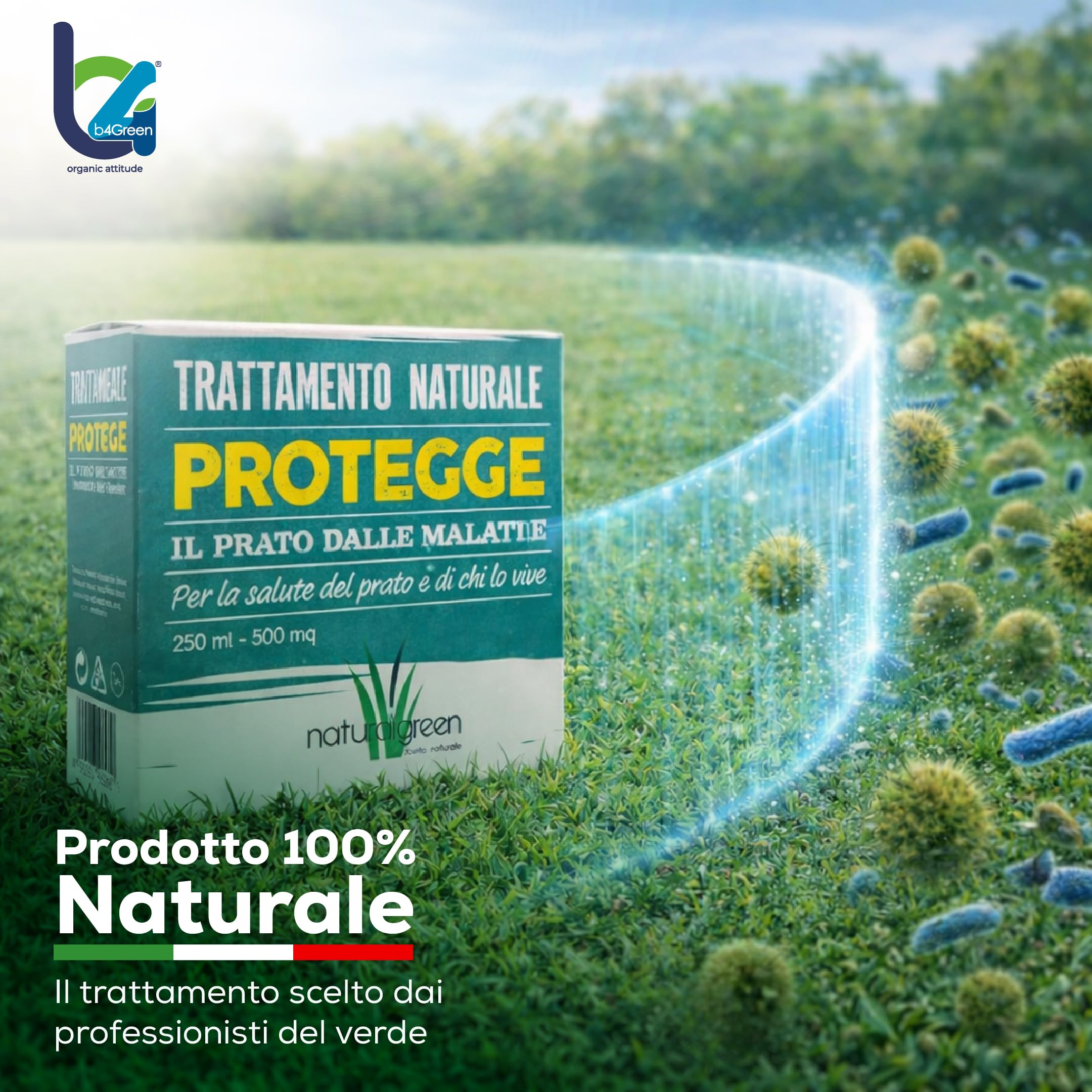 B4Green Protegge Prato (500m²) Funghicida per Prato Naturale Bio 250ml | Fungicida per Prato contro malattie fungine e prato malato, Micorrize Bio e Trichoderma per un tappeto erboso sano e verde