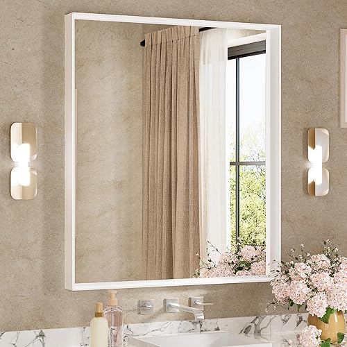 Miniatura 492 de Keonjinn Espejo de baño dorado de 48 x 36 pulgadas, espejo rectangular con marco de metal dorado cepillado, espejo de pared grande rectangular