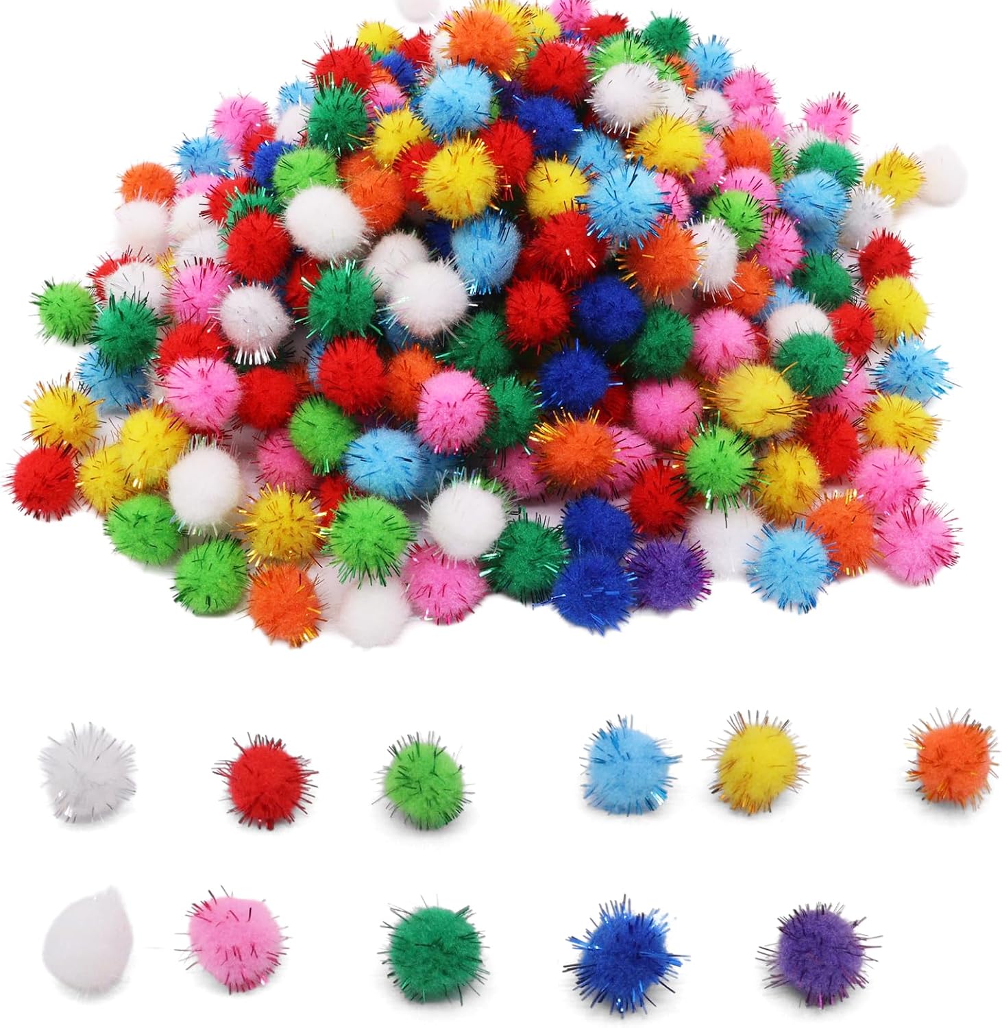 BUXIMN 250Pcs Glitter Pom Poms for Crafts Mini Pompoms Multicolor Sparkle Pom Poms Glitter Pom Pom Balls for Crafts Projects, DIY Arts, Home Decorations(0.59 Inch)