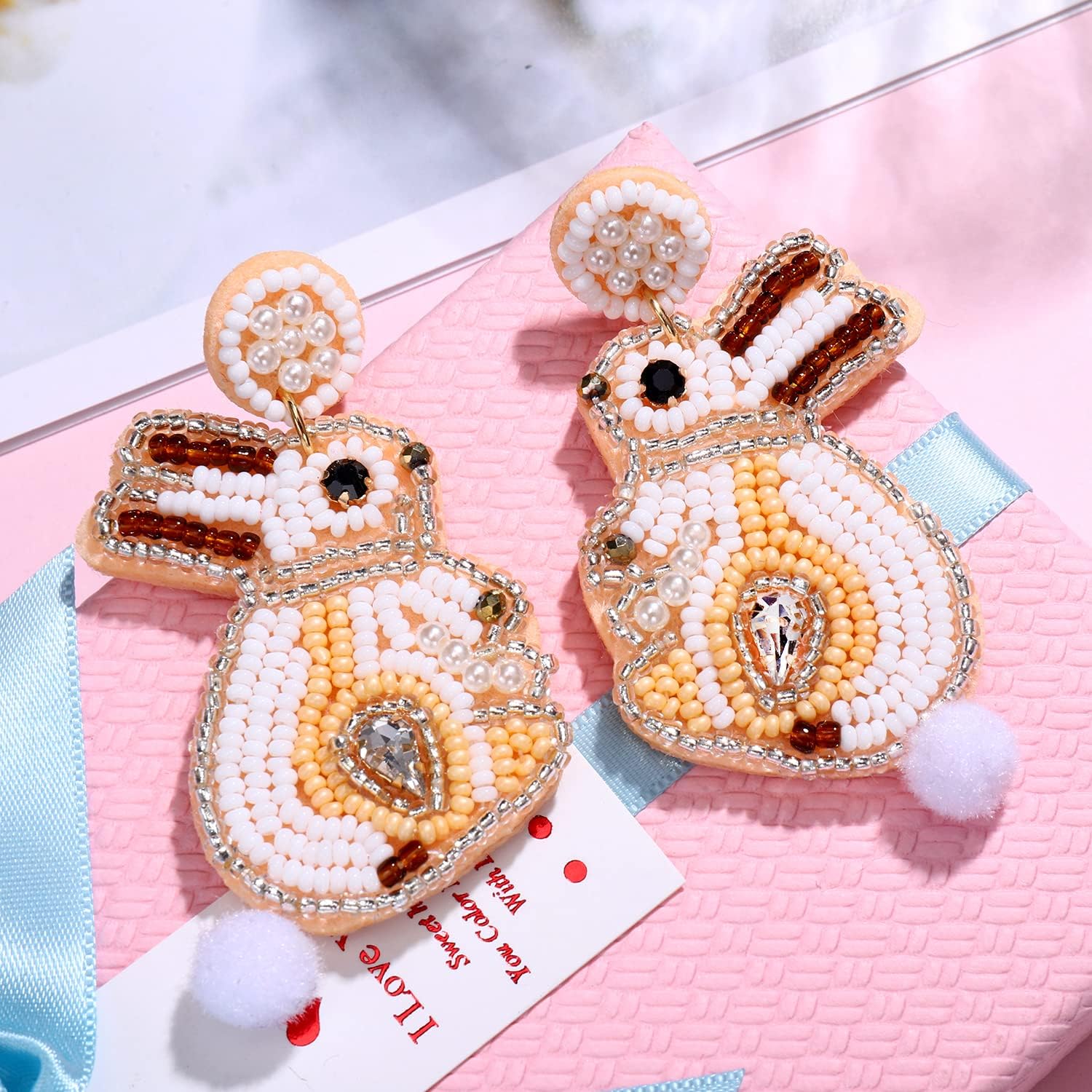 Easter Beaded Earrings for Women Boho Hypoallergenic Handmade Bunny Dangling Earrings Rainbow Egg Dangle Earrings Cute Pom Pom Pearl Beads Rabbit Easter Jewelry - Image 4