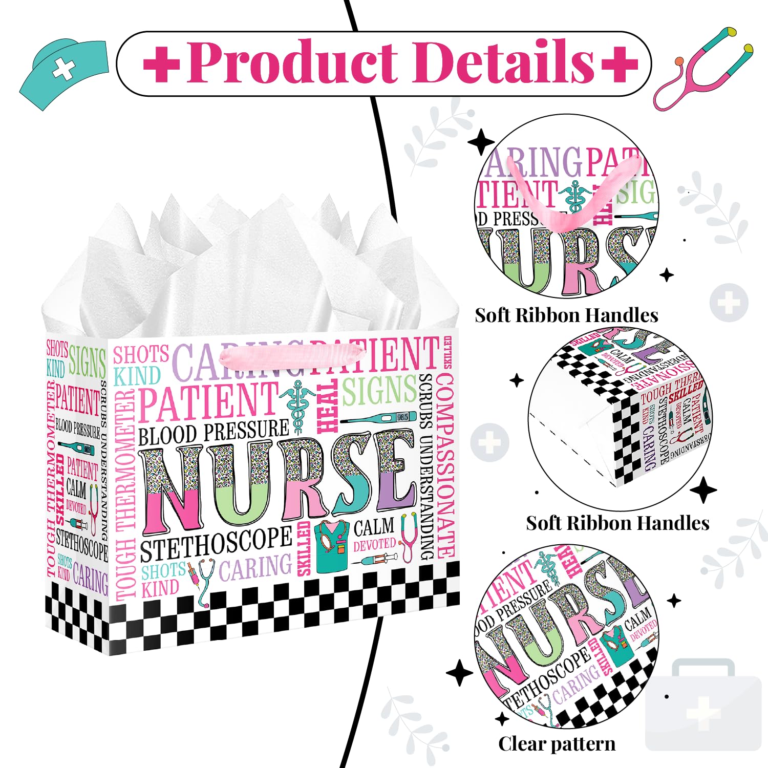 JWSCYSY Nurse Graduation Gift Bag with Card and Tissue Paper, Large Nurse Gift Bag for Nurses Day, Medical School Graduates Healthcare Workers.