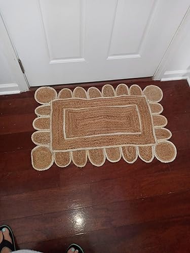 Miniatura 3 de KLAVATE Alfombra decorativa de yute trenzado con múltiples bordes festoneados, calidad clásica, hecha a mano, natural (2 x 3 pies, negro)