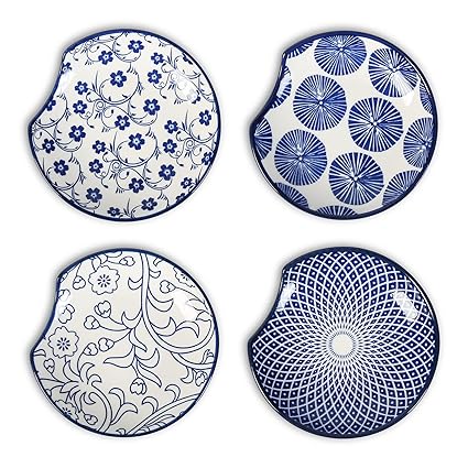 Selamica Ceramic Spoon Rest for Stove Top, 4.6 Inch Cooking Spoon Holder for Kitchen Counter, Stackable Utensil Rest Holder for Spatula Ladles Tong, Christmas Gift, Set of 4, Vintage Blue