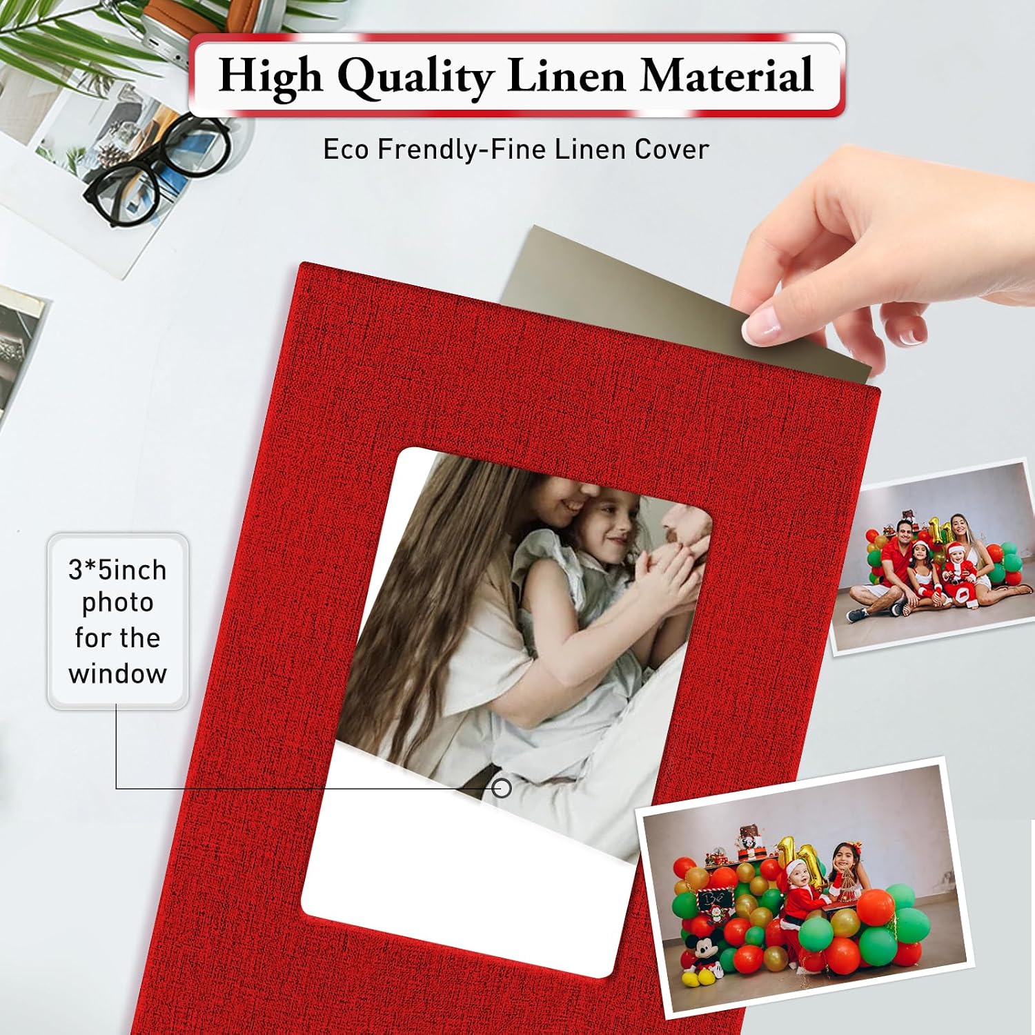Photo Album 4x6,Linen Cover Slide-in Photo Album Book Can Holds 200 4x6 Photos with 50 Black Sheets for Baby Family Pictures Artwork or Postcards Storage (Red)